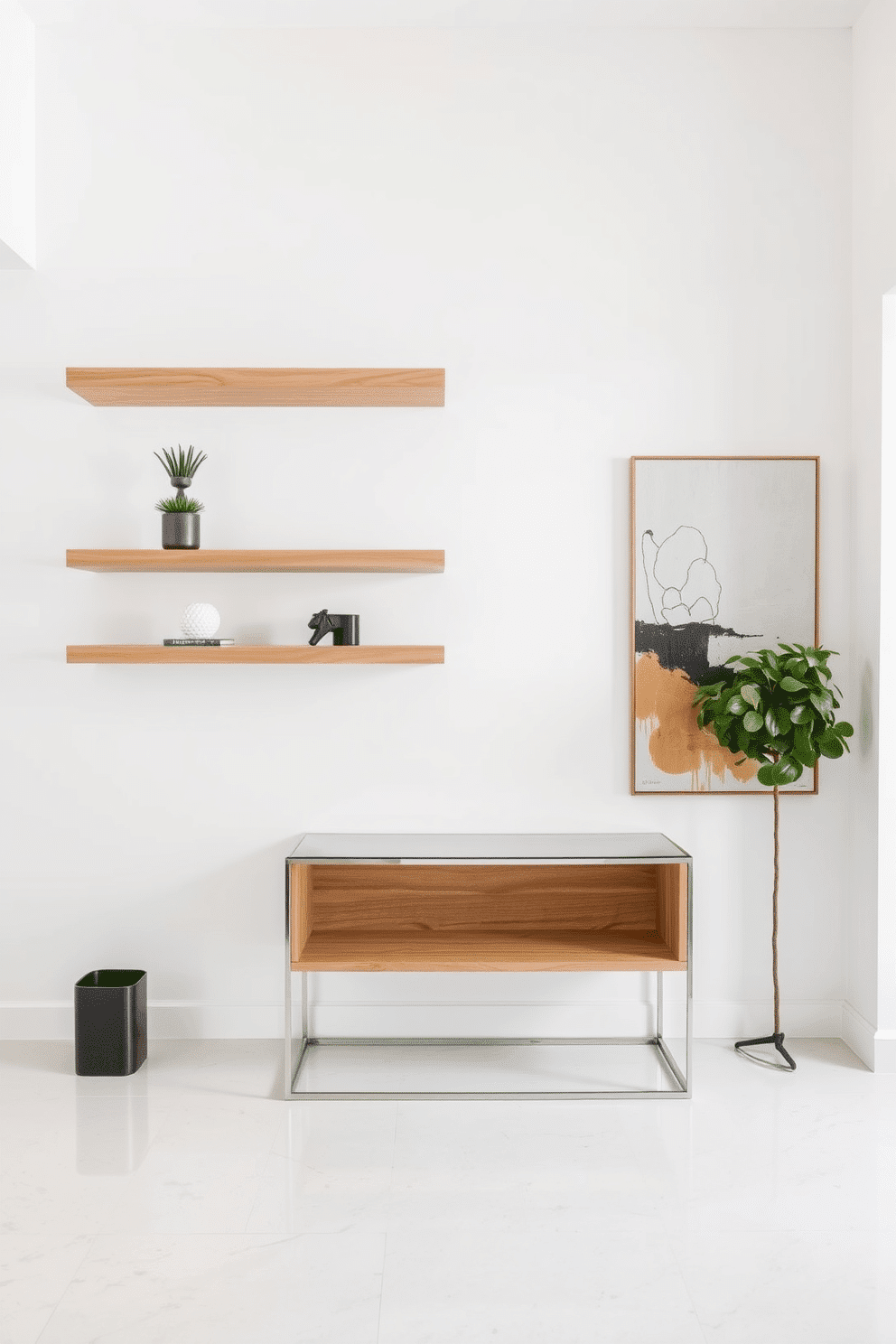 A serene minimalist display featuring floating shelves made of light oak wood. The shelves are adorned with a few curated decorative items, including a small potted succulent and a sculptural piece, against a crisp white wall. An inviting contemporary foyer designed with sleek lines and a neutral color palette. A statement console table made of glass and metal sits against the wall, complemented by a large abstract artwork and a stylish mirror above it.