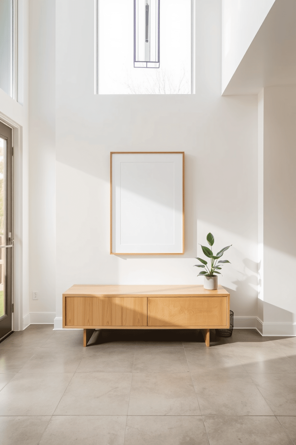 A minimalist art piece hangs above a sleek, modern bench made of light wood. The foyer features a clean layout with soft, neutral tones, and a polished concrete floor that enhances the contemporary aesthetic. Natural light floods the space through large windows, illuminating the subtle textures of the decor. A small potted plant sits beside the bench, adding a touch of greenery to the minimalist design.