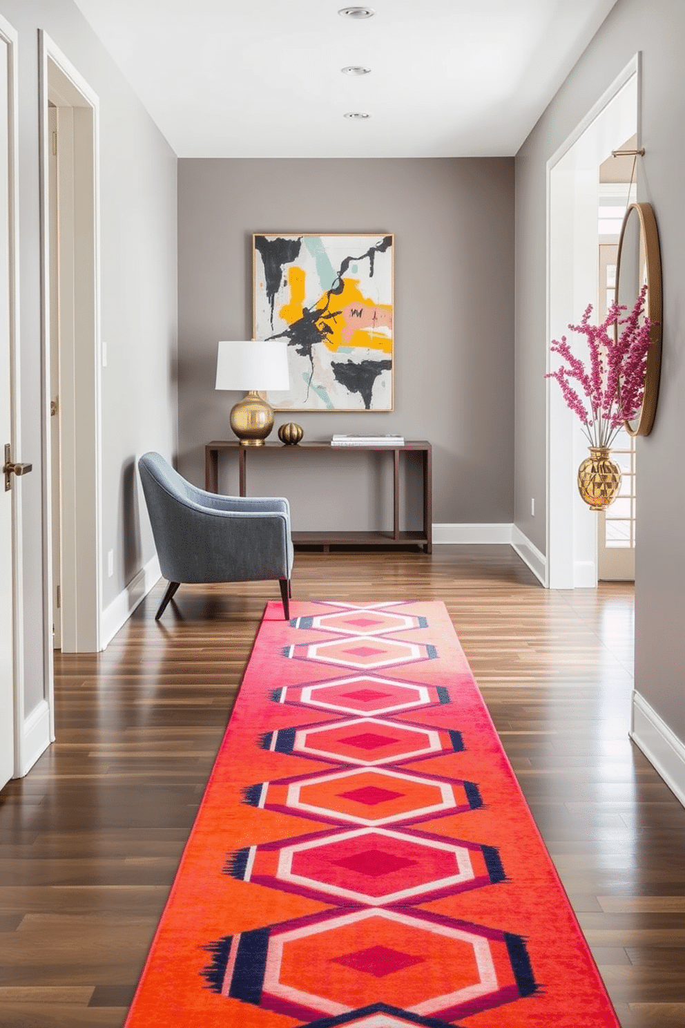 A vibrant runner rug with geometric patterns adds a pop of color and visual interest to the contemporary foyer. The foyer features sleek, modern furniture, with a minimalist console table against the wall, complemented by a striking piece of abstract art above it.