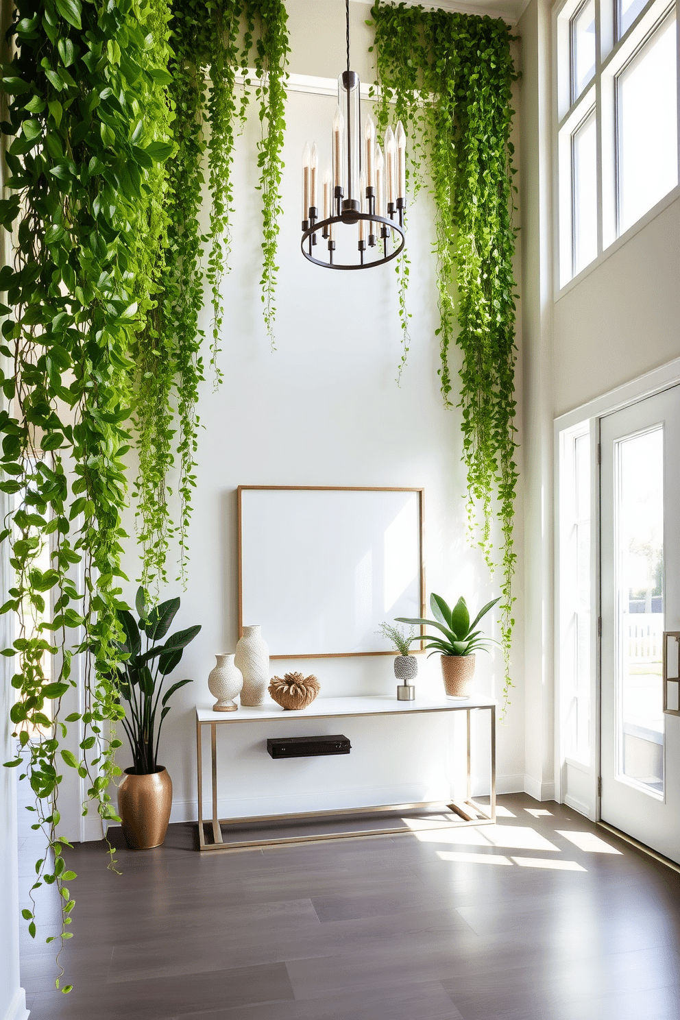 A contemporary foyer featuring cascading plants that create vertical interest. The space is illuminated by natural light streaming through large windows, highlighting a sleek console table adorned with decorative objects. The walls are painted in a soft neutral tone, providing a perfect backdrop for vibrant green foliage. A modern chandelier hangs above, adding a touch of elegance to the inviting entrance.