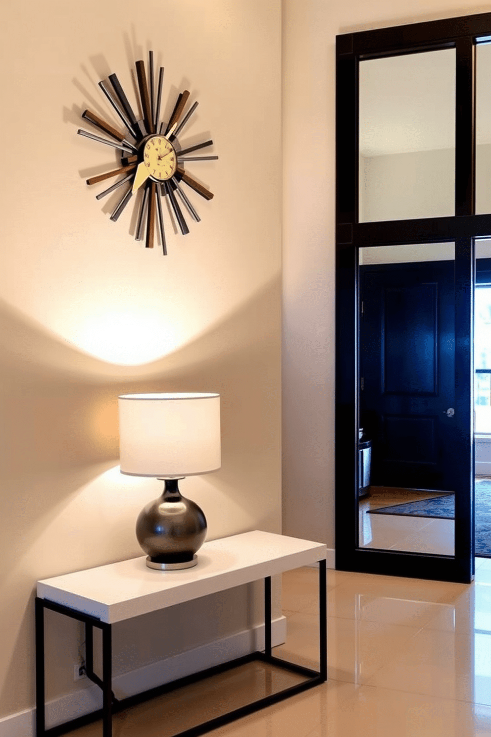 Artistic wall clock as a statement piece. The clock features a unique geometric design with a mix of metallic and wooden elements, creating a striking focal point on the wall. Contemporary foyer design ideas. The space includes a sleek console table with a minimalist lamp, paired with a large mirror that reflects natural light, enhancing the overall brightness of the entryway.