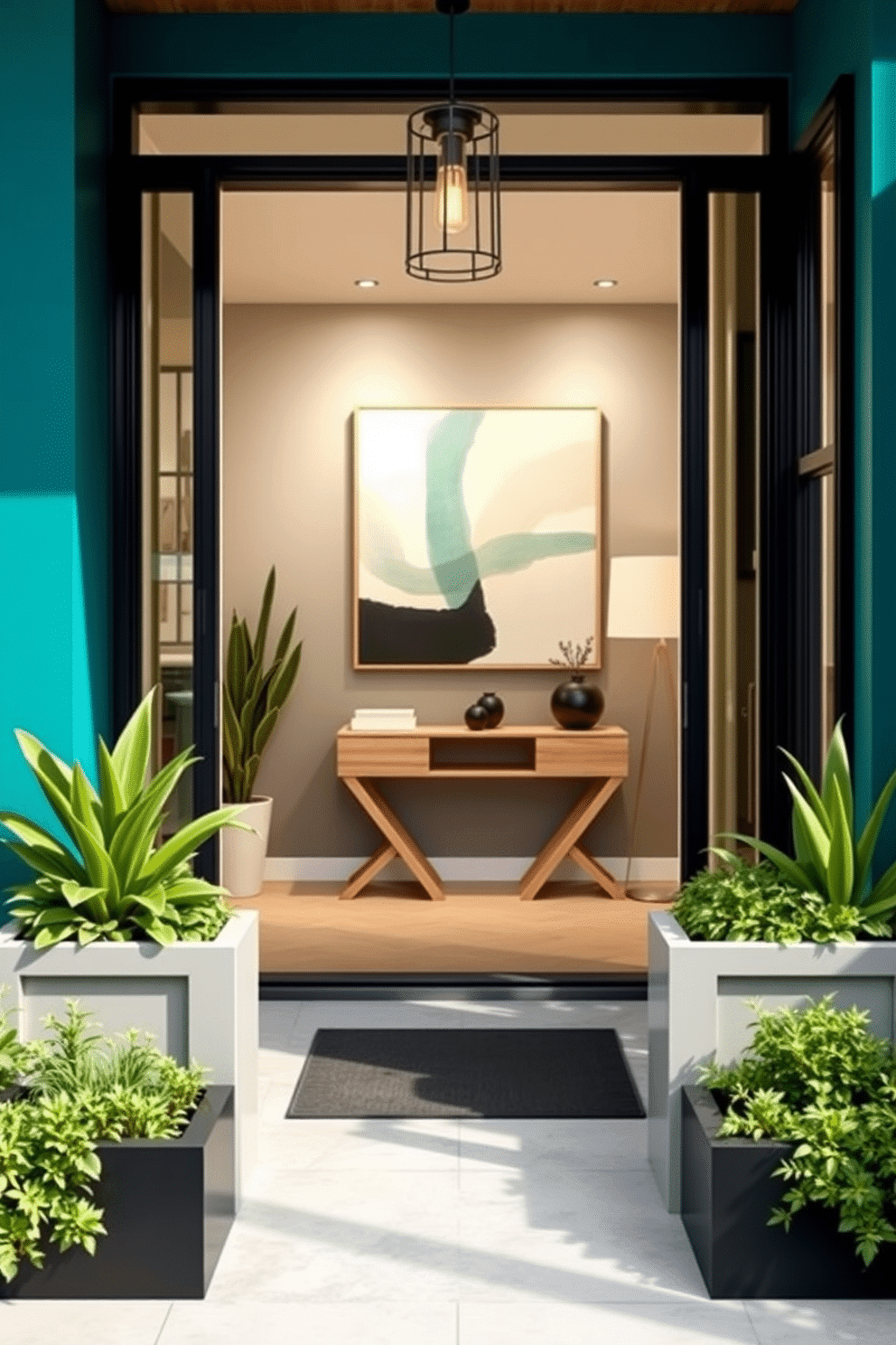 A bold color front door painted in a vibrant teal greets visitors, framed by sleek black sidelights that enhance its striking appearance. The surrounding exterior features modern landscaping with geometric planters filled with lush greenery, creating an inviting entryway. Inside the foyer, a contemporary design unfolds with a large abstract artwork adorning the wall, complemented by a minimalist console table in a light wood finish. The floor is laid with large format tiles in a neutral tone, while a stylish pendant light hangs above, casting a warm glow over the space.