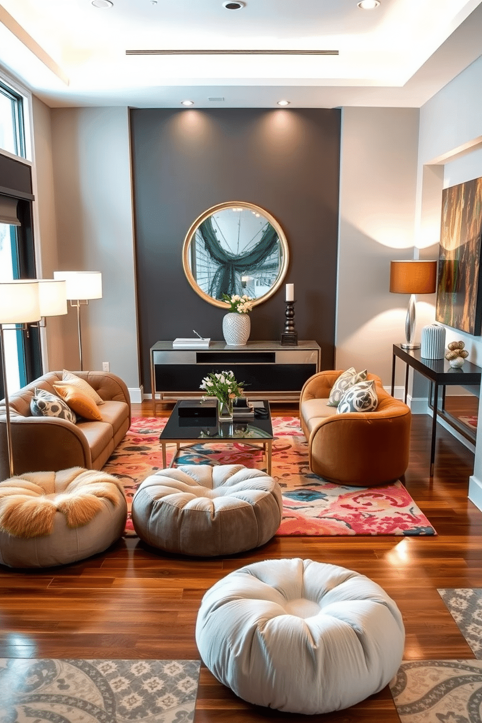 A cozy soft seating area featuring plush poufs in various sizes and textures, arranged around a low coffee table. The space is accented with a large, colorful area rug and soft, ambient lighting from stylish floor lamps. A contemporary foyer design that showcases a sleek console table with decorative accessories and a large mirror above it. The walls are adorned with modern art, and the flooring is a mix of polished wood and decorative tiles, creating an inviting entrance.