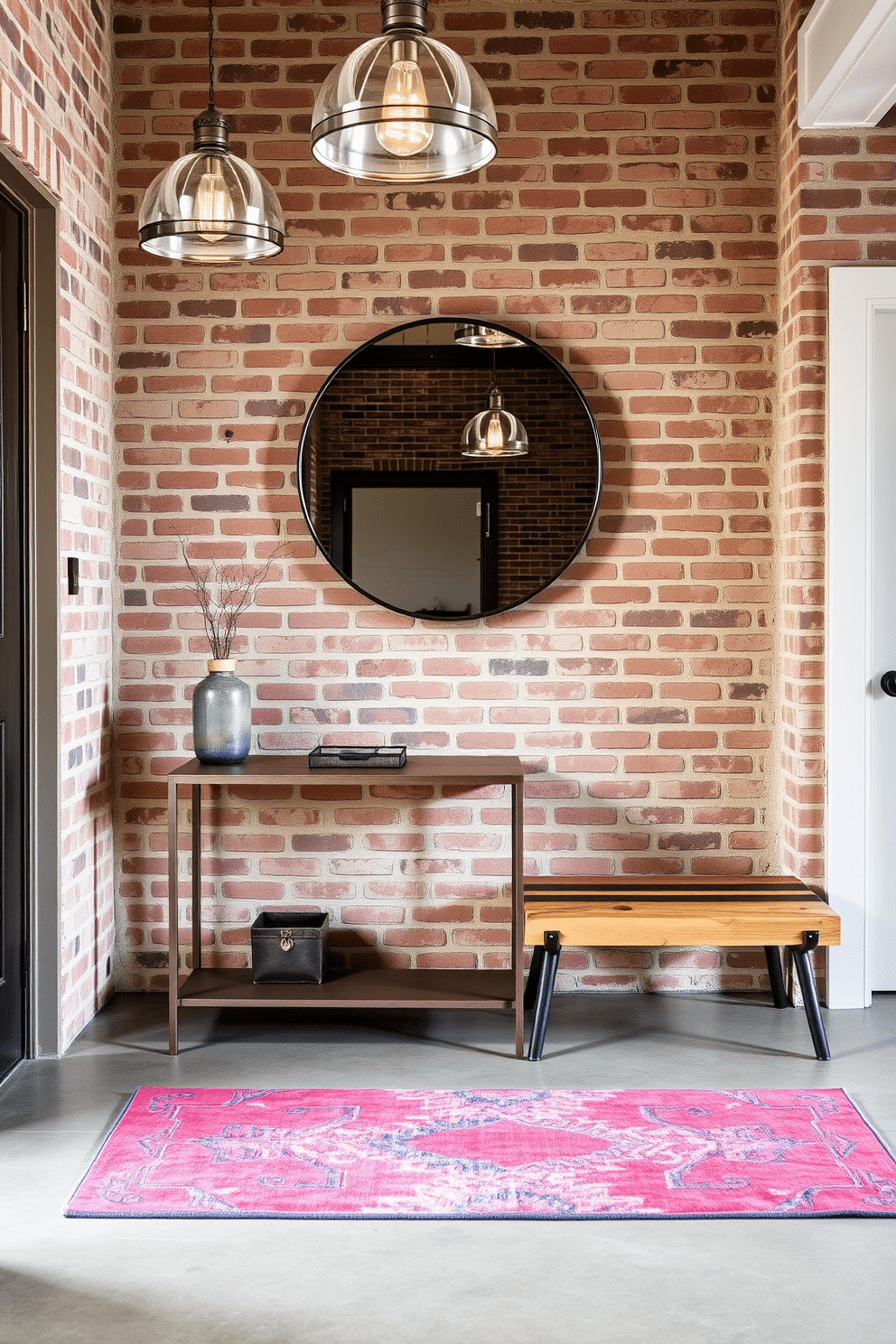 A contemporary foyer featuring industrial elements with metal accents. The space showcases a sleek metal console table against a backdrop of exposed brick walls, complemented by a large round mirror with a black metal frame above it. To the side, a stylish bench made of reclaimed wood and metal legs provides seating, while overhead, pendant lights with an industrial design hang to illuminate the area. A vibrant area rug adds a pop of color to the polished concrete floor, enhancing the modern aesthetic of the foyer.