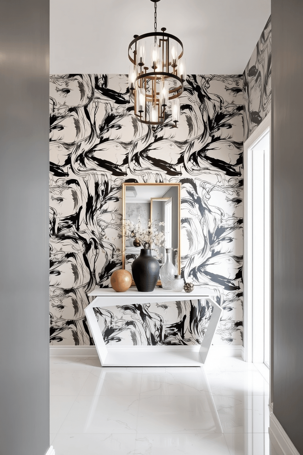 A contemporary foyer featuring bold wallpaper with abstract patterns that create a striking visual impact. The space is illuminated by a modern chandelier, while a sleek console table with a geometric design stands against the wall, adorned with decorative accents.