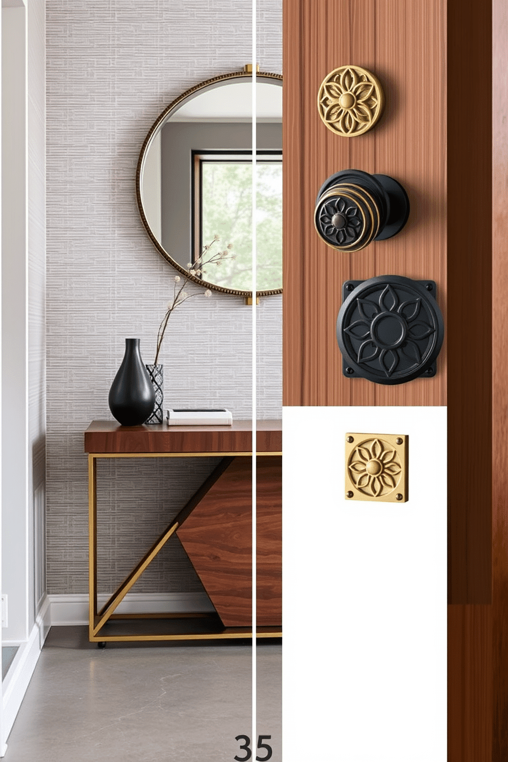 A contemporary foyer featuring a sleek console table with a geometric design, complemented by a large round mirror above it. The walls are adorned with a textured wallpaper in a soft gray, and the floor is finished with polished concrete, creating a modern yet inviting entrance. Unique door hardware designed with a blend of brushed brass and matte black finishes, showcasing intricate patterns that add a touch of elegance. The door itself is a rich walnut, providing a warm contrast to the striking hardware, making a bold statement as guests enter the home.