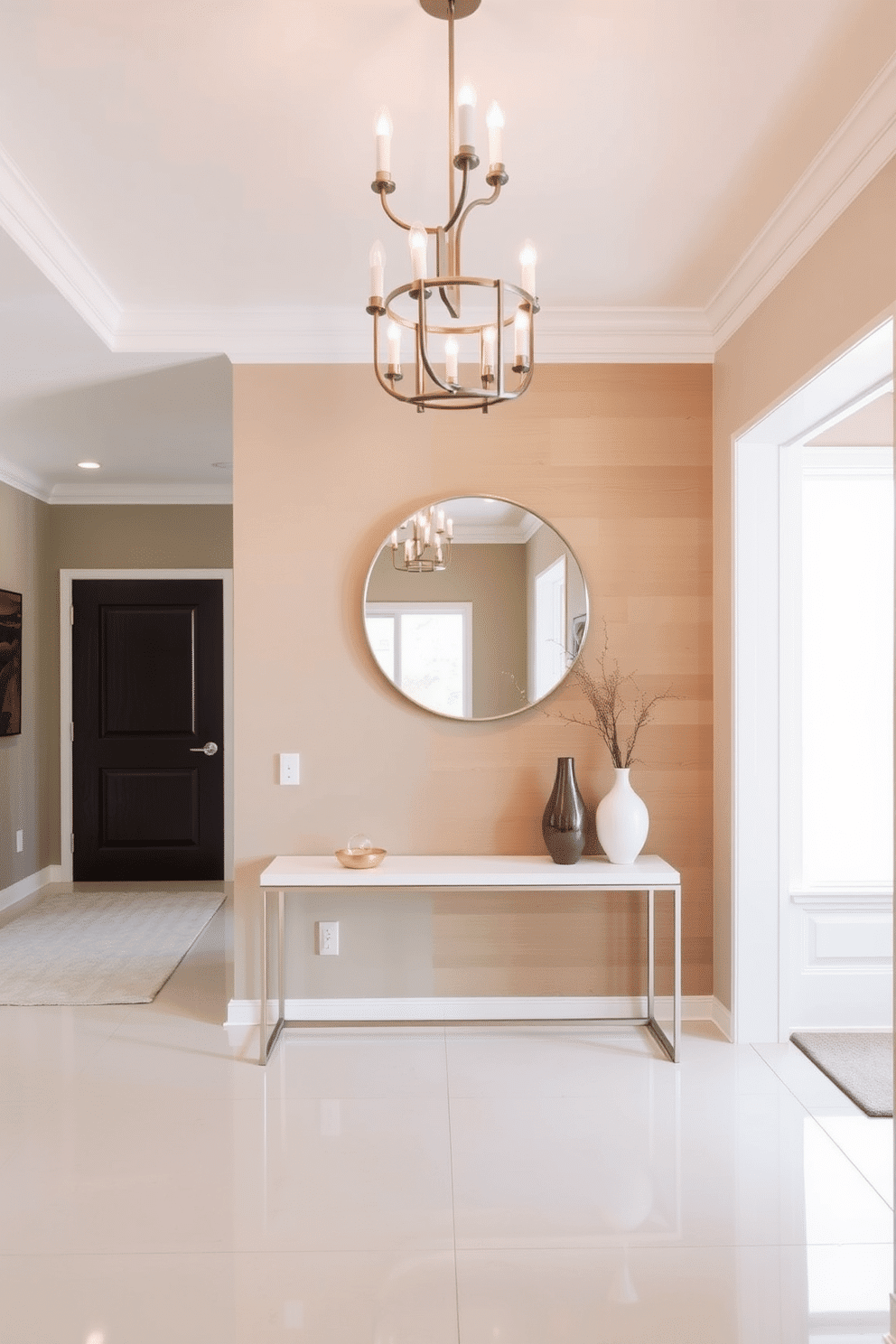 A contemporary foyer featuring a neutral color palette with warm accents. The space is illuminated by a modern chandelier, and a sleek console table with decorative objects adds a touch of elegance. The walls are painted in a soft beige, complemented by a warm wood accent wall. A large round mirror hangs above the console table, reflecting natural light from a nearby window.