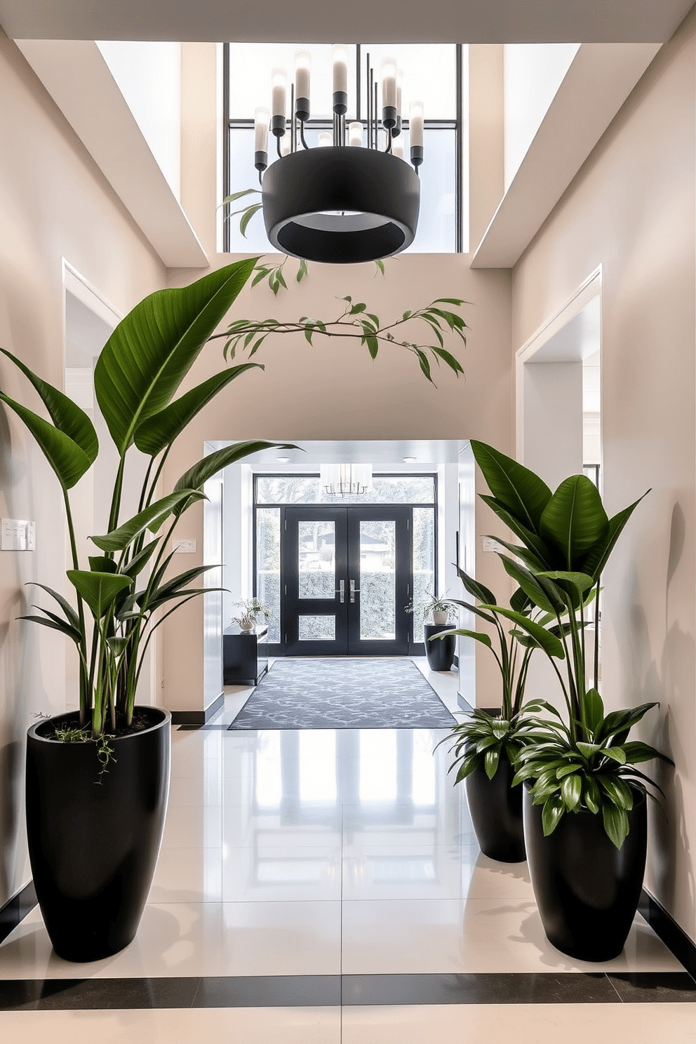 A contemporary foyer featuring large potted plants that add a refreshing touch of greenery. The space is illuminated by a modern chandelier, with sleek lines and a neutral color palette enhancing the inviting atmosphere.