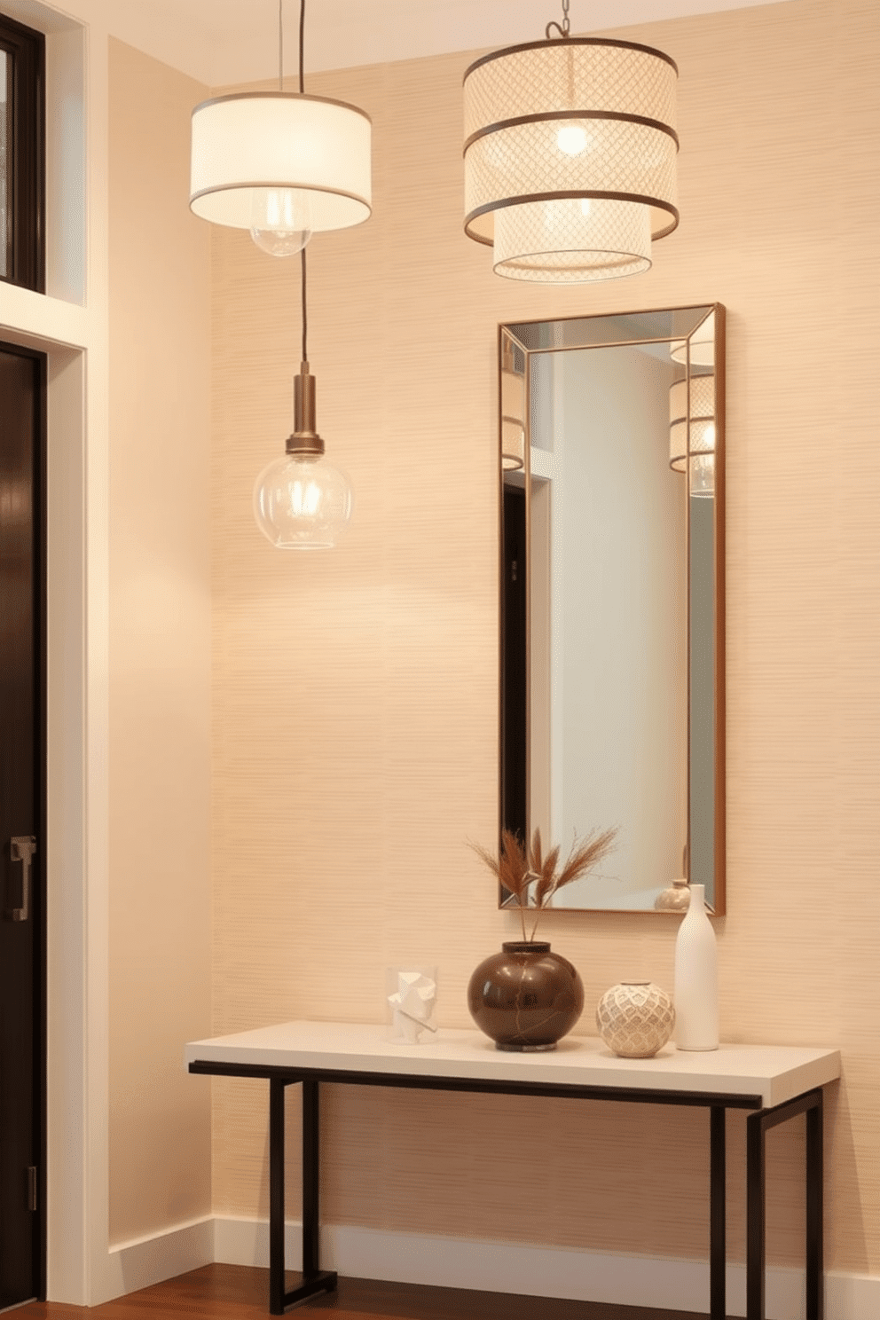 A contemporary foyer features layered lighting with elegant pendant fixtures that create a warm and inviting atmosphere. The walls are adorned with a textured wallpaper in soft neutrals, complemented by a sleek console table topped with decorative objects and a stylish mirror above it.