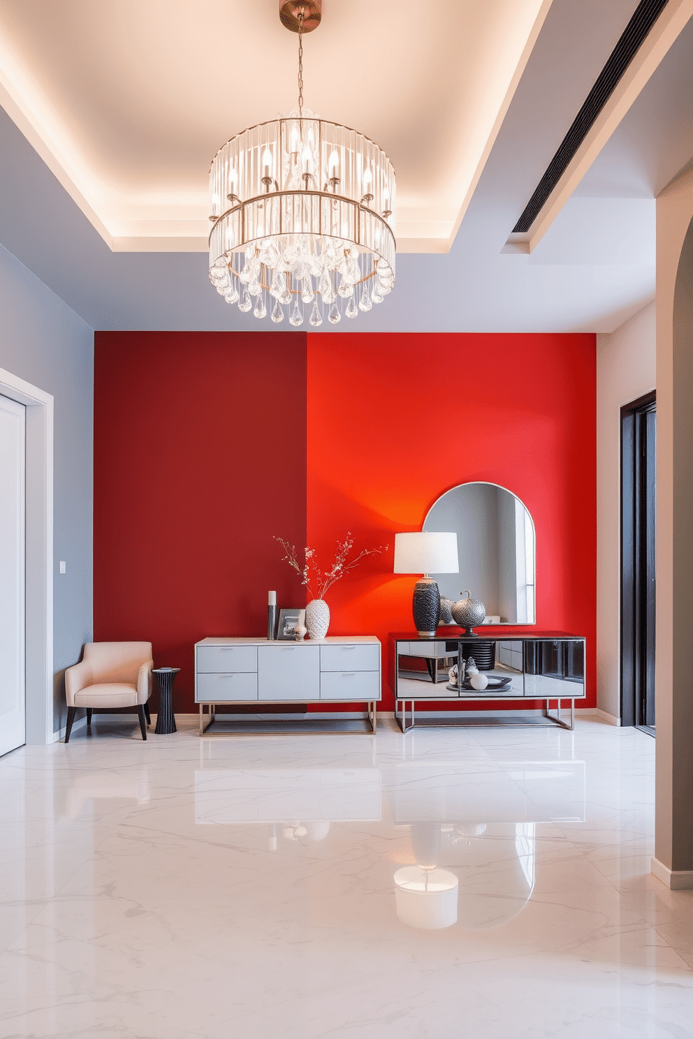 A statement chandelier hangs from the ceiling, casting a warm glow over the contemporary foyer. The space features sleek, minimalist furniture with a bold accent wall that adds a splash of color and personality. The flooring is a mix of polished marble and natural wood, creating a harmonious blend of textures. A stylish console table is adorned with decorative objects and a large mirror, enhancing the sense of space and light.