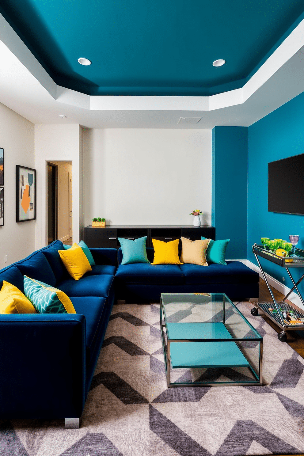 A sleek sectional sofa in a rich navy blue fabric sits at the center of the game room, surrounded by vibrant accent pillows in shades of yellow and teal. The walls are adorned with modern artwork, and a stylish coffee table made of glass and metal complements the contemporary aesthetic. An oversized area rug in geometric patterns defines the seating area, while a wall-mounted flat-screen TV is positioned above a minimalist entertainment unit. In one corner, a sleek bar cart with colorful glassware adds a playful touch, inviting guests to enjoy refreshments while playing games.