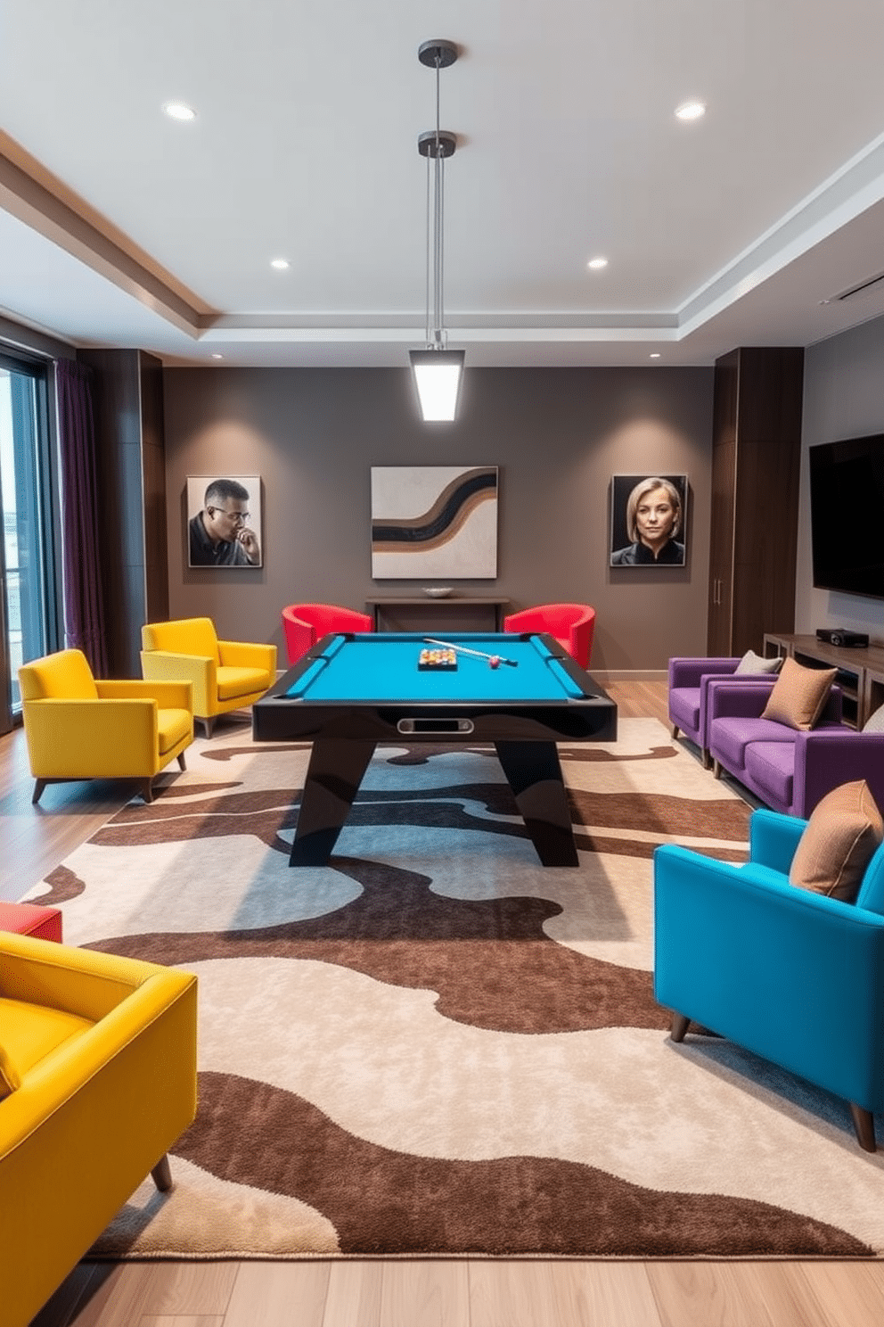 A contemporary game room featuring a soft area rug that defines the space, providing comfort and warmth underfoot. The room is equipped with a sleek pool table in the center, surrounded by modern seating options in vibrant colors.