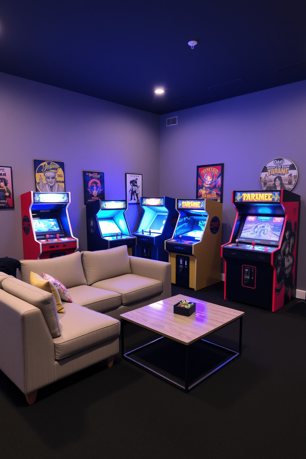 A contemporary game room featuring vintage arcade machines as focal points. The walls are adorned with retro posters, and the floor is covered in a sleek, dark carpet that complements the vibrant colors of the machines. Soft LED lighting highlights the arcade machines, creating an inviting atmosphere for gamers. A comfortable sectional sofa in a neutral tone is positioned nearby, along with a stylish coffee table for snacks and drinks.