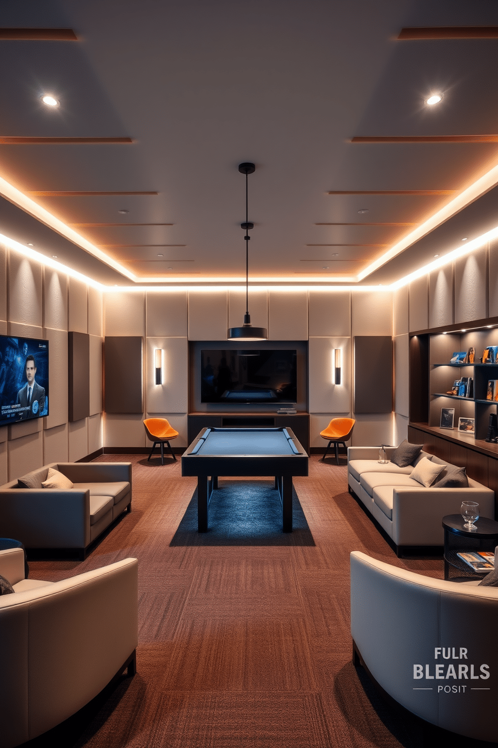 A contemporary game room featuring sleek acoustic panels on the walls to enhance sound absorption and create a focused atmosphere. The room includes a stylish pool table in the center, surrounded by modern lounge seating and ambient lighting that sets an inviting mood. Incorporate a large flat-screen TV mounted on one wall, flanked by built-in shelves displaying games and collectibles. The flooring is a plush carpet in a deep hue, providing comfort and warmth to the space while complementing the overall design aesthetic.