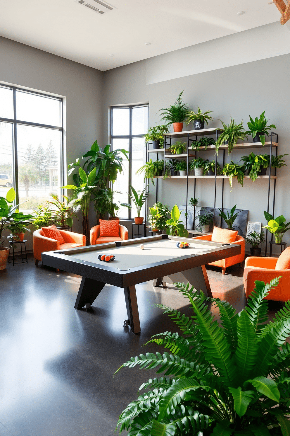 A vibrant game room filled with indoor plants that enhance the fresh atmosphere. The space features a sleek pool table, surrounded by comfortable seating, with large windows allowing natural light to flood the room. Modern shelving units display a variety of lush greenery, including ferns and succulents, adding a touch of nature to the contemporary design. The walls are painted in a soft gray, complemented by bold accent colors in the furniture and decor.