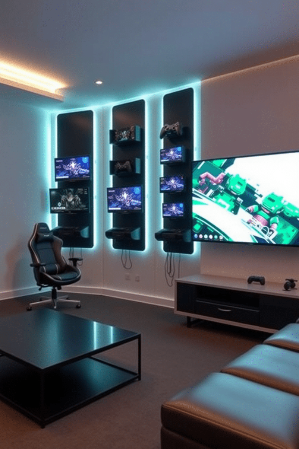 A contemporary game room featuring wall-mounted gaming consoles to maximize space efficiency. The room is adorned with sleek furniture, including a minimalist gaming chair and a low-profile coffee table, all set against a backdrop of dynamic LED lighting.