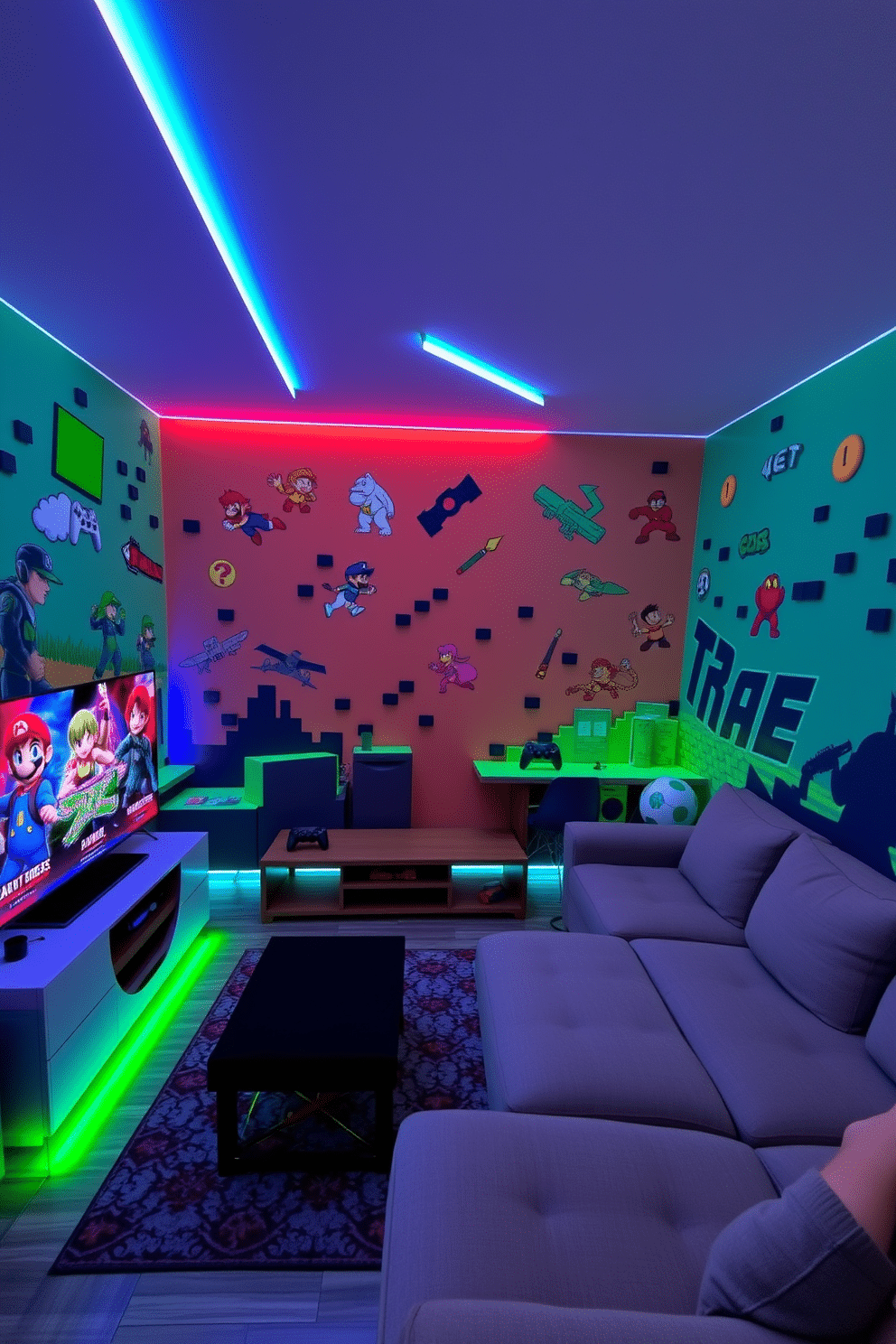 A vibrant game room featuring wall decals that showcase popular video game characters and pixel art, creating an immersive atmosphere. The room is furnished with a sleek gaming console unit, a comfortable sectional sofa, and LED strip lighting that complements the playful decor.