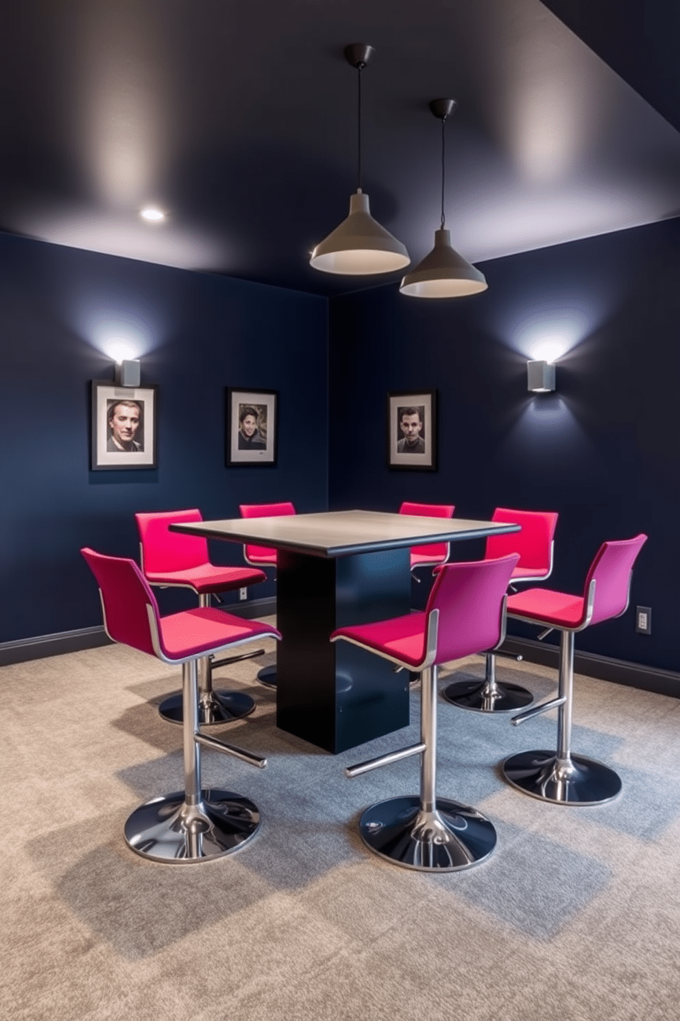 A contemporary game room featuring sleek, stylish bar stools arranged around a modern, high-top table. The walls are painted in a deep navy blue, and the floor is covered with a plush gray carpet, creating a cozy yet sophisticated atmosphere. The bar stools have a minimalist design with a chrome base and upholstered seats in a vibrant color that contrasts with the room's palette. Ambient lighting from pendant fixtures above the table enhances the modern aesthetic, while framed artwork adds a personal touch to the space.