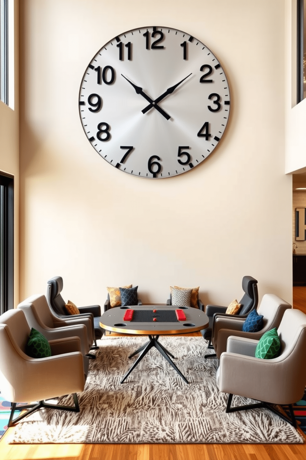 A large wall clock with a sleek, minimalist design hangs prominently on the wall, featuring bold black numbers and a brushed metal finish. Below the clock, a stylish game table is surrounded by plush, ergonomic chairs, creating a welcoming atmosphere for friends and family. The game room boasts a contemporary feel with a mix of vibrant colors and geometric patterns. Floor-to-ceiling windows allow natural light to flood the space, highlighting a plush area rug that anchors the seating arrangement.