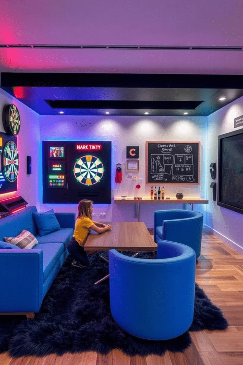 A contemporary game room featuring interactive wall games that engage players of all ages. The space is designed with a sleek, modern aesthetic, incorporating vibrant colors and comfortable seating arrangements for an inviting atmosphere. The walls are adorned with a variety of interactive game options, including a digital dartboard and a chalkboard for drawing games. Ambient lighting enhances the playful vibe, while plush rugs provide comfort underfoot, making it a perfect spot for gatherings with friends and family.