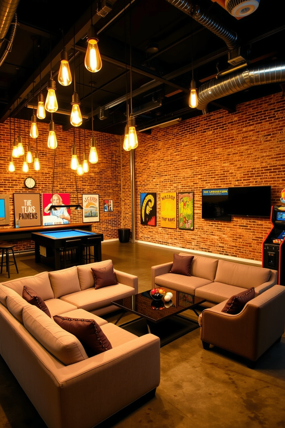 A contemporary game room features industrial-style lighting fixtures with Edison bulbs hanging from the ceiling, casting a warm glow over the space. The walls are adorned with exposed brick, and a large, plush sectional sofa is positioned around a sleek coffee table, creating an inviting atmosphere for entertainment. In the corner, a custom-built bar with high stools complements the design, while a pool table takes center stage, surrounded by vibrant artwork that adds a pop of color. The flooring is a polished concrete, enhancing the industrial aesthetic, while decorative elements like vintage posters and a retro arcade machine complete the look.