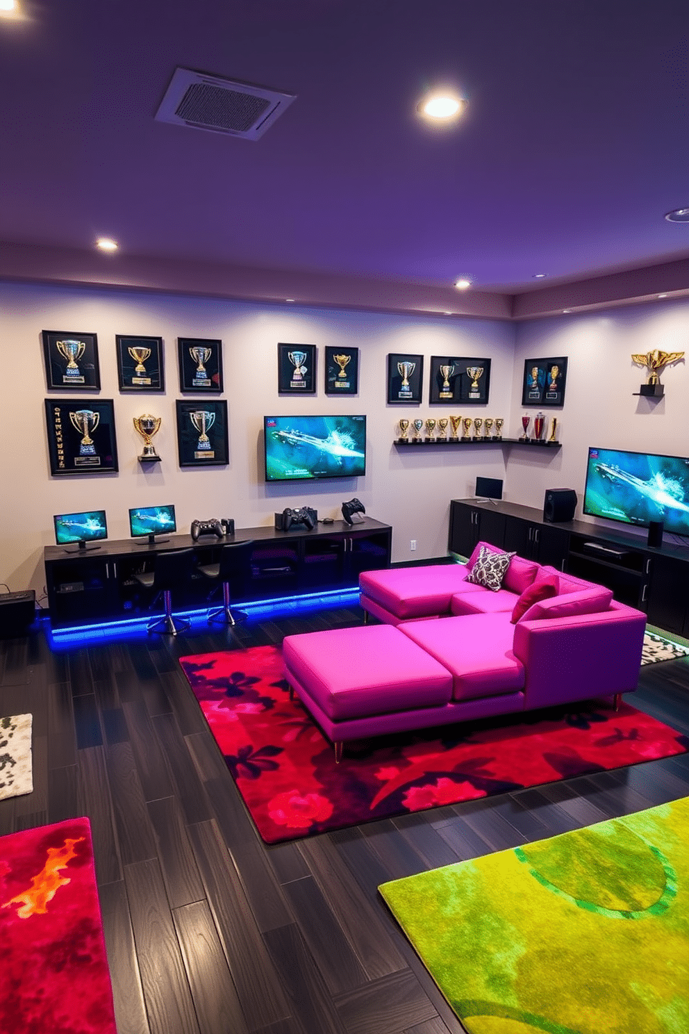 A contemporary game room featuring a sleek, minimalist design with a large sectional sofa in a bold color. The walls are adorned with framed personalized gaming trophies, showcasing achievements, while a custom gaming console unit holds multiple screens and gaming accessories. The flooring is a dark hardwood that contrasts with vibrant area rugs, creating a cozy atmosphere. Soft LED lighting highlights the trophies and creates an inviting ambiance for both gaming and relaxation.