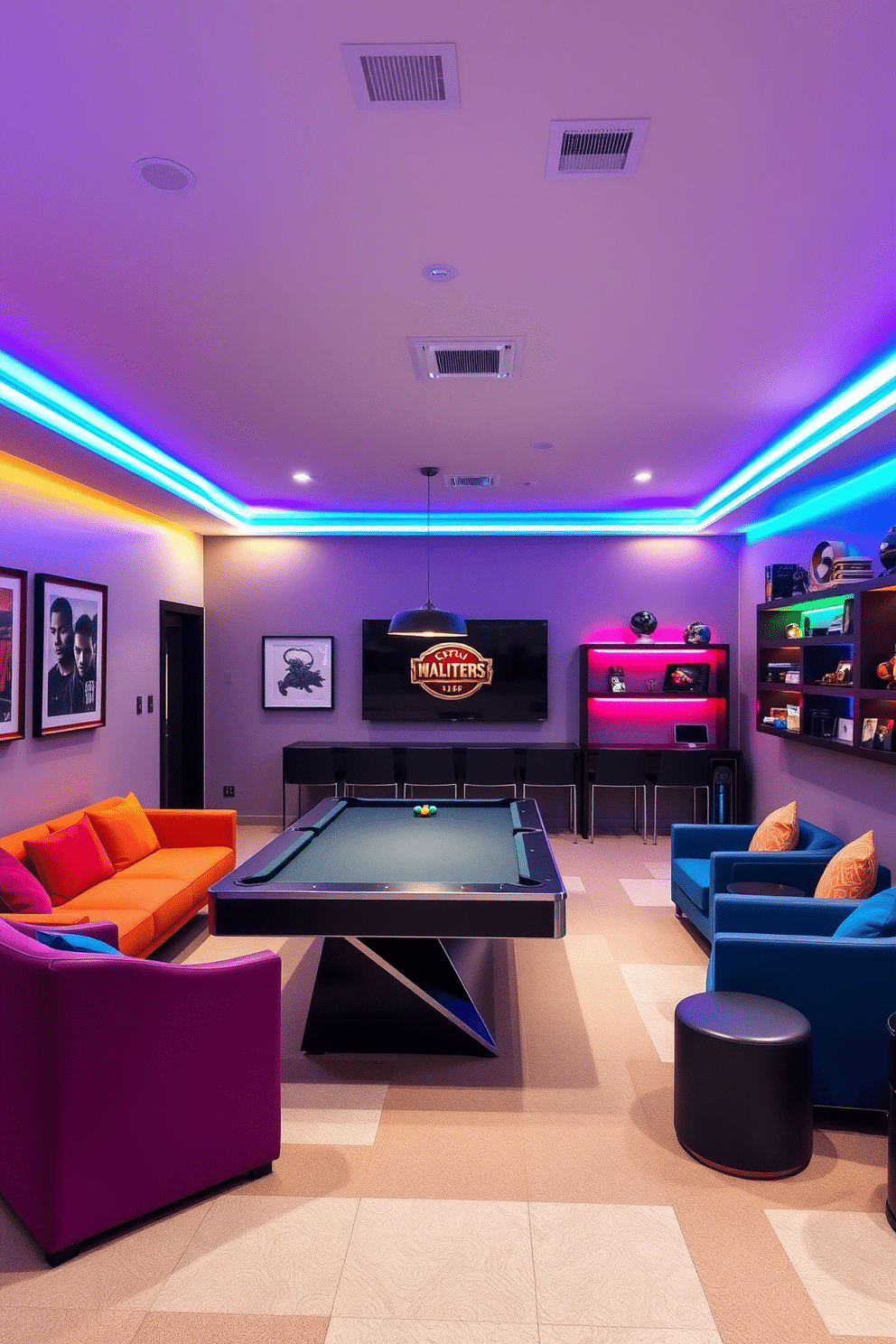 A contemporary game room designed for entertainment and relaxation. The space features multicolored LED strip lights along the ceiling and behind the furniture, creating a vibrant ambiance. A sleek pool table takes center stage, surrounded by modern seating options in bold colors. The walls are adorned with framed art pieces and shelves displaying gaming memorabilia, enhancing the playful atmosphere.