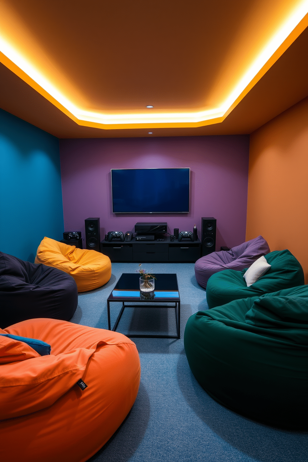 A contemporary game room featuring oversized bean bags for casual seating. The space is filled with vibrant colors, with a large wall-mounted television and a sleek gaming console setup. The room is illuminated by soft LED strip lights that create a cozy atmosphere. A stylish coffee table sits at the center, surrounded by plush bean bags in various sizes and colors, inviting relaxation and fun.