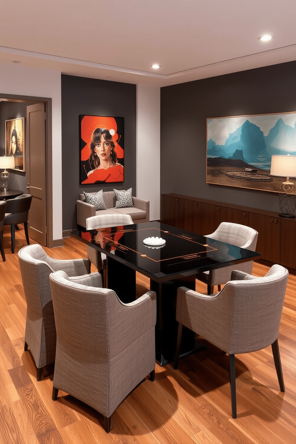 A contemporary game room features a sleek game table with a modern glass top, surrounded by stylish upholstered chairs. The walls are adorned with vibrant artwork, and the flooring is a polished hardwood that complements the overall aesthetic.