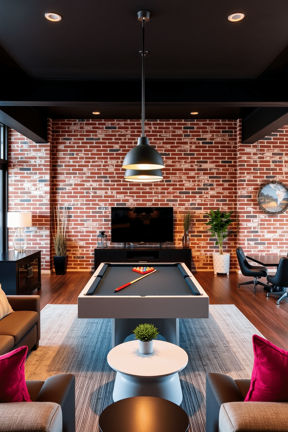 A contemporary game room featuring an exposed brick wall that adds rustic charm. The space includes a sleek pool table centered under stylish pendant lighting, with comfortable seating arranged around a modern coffee table.