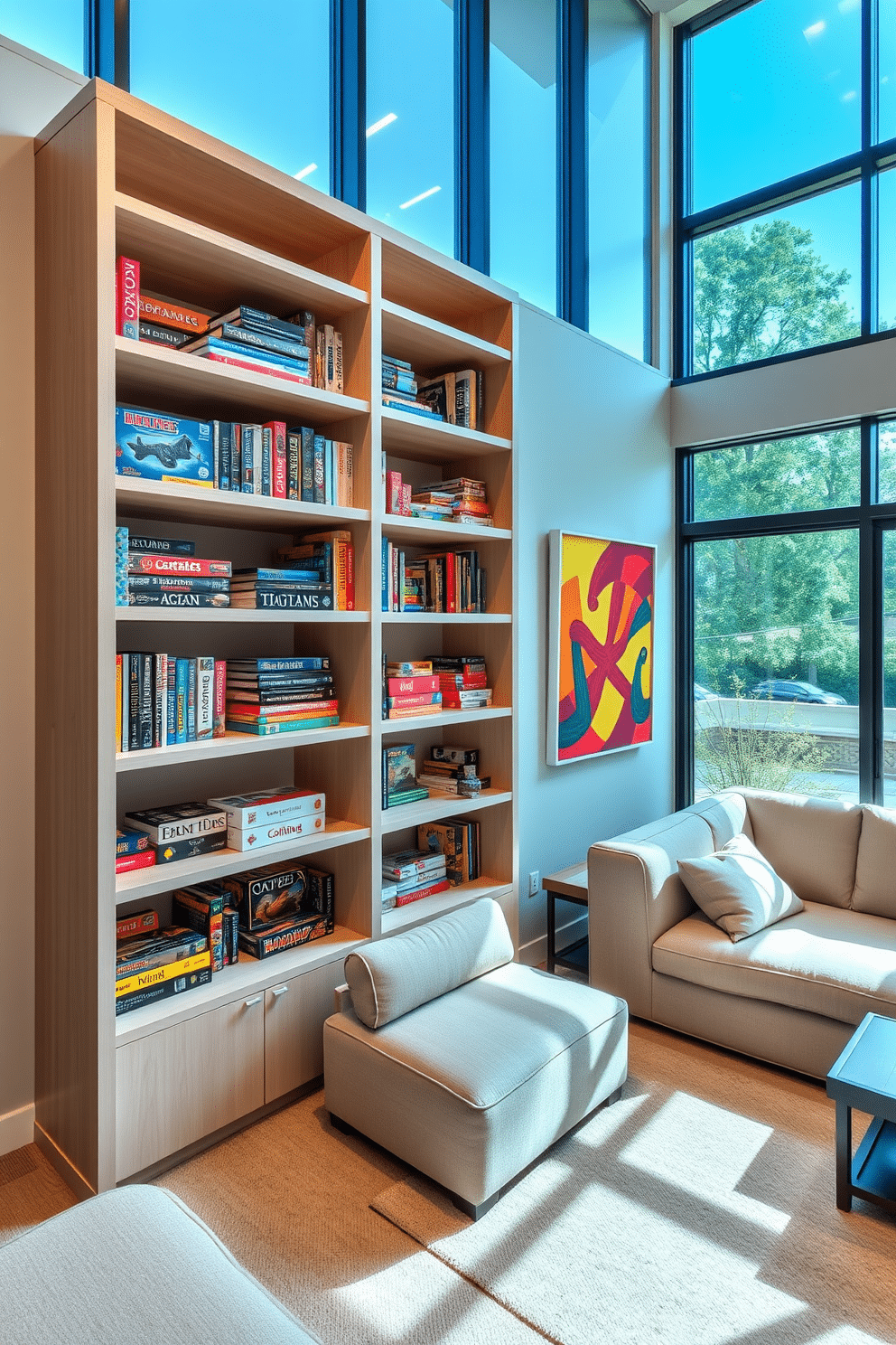 A minimalist shelving unit elegantly displays an array of colorful board games, each neatly organized by size and theme. The shelves are crafted from light wood with a sleek finish, enhancing the airy feel of the contemporary game room. The room features a spacious layout with a plush sectional sofa in a neutral tone, inviting relaxation and socializing. Large windows allow natural light to flood the space, highlighting the vibrant artwork that adorns the walls.