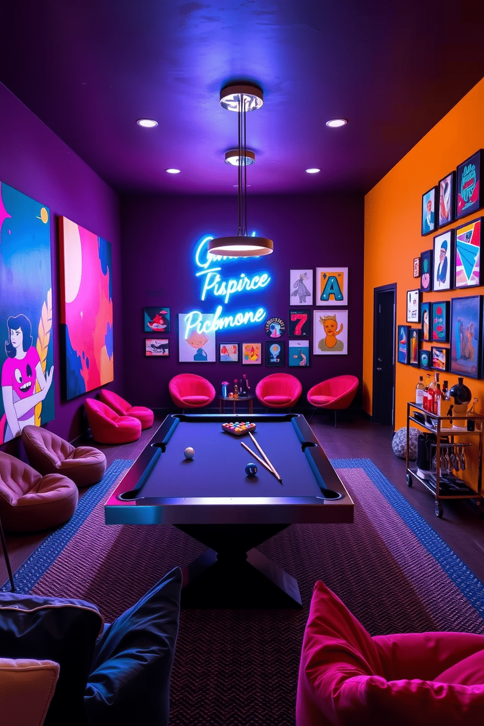 A vibrant game room filled with bold artwork that inspires creativity. The walls are adorned with large, colorful canvases, and a sleek pool table takes center stage, surrounded by modern seating. The space features a striking neon sign that adds a playful touch, complemented by a gallery wall of eclectic art pieces. A cozy lounge area with plush bean bags invites relaxation, while a stylish bar cart offers refreshments for guests.