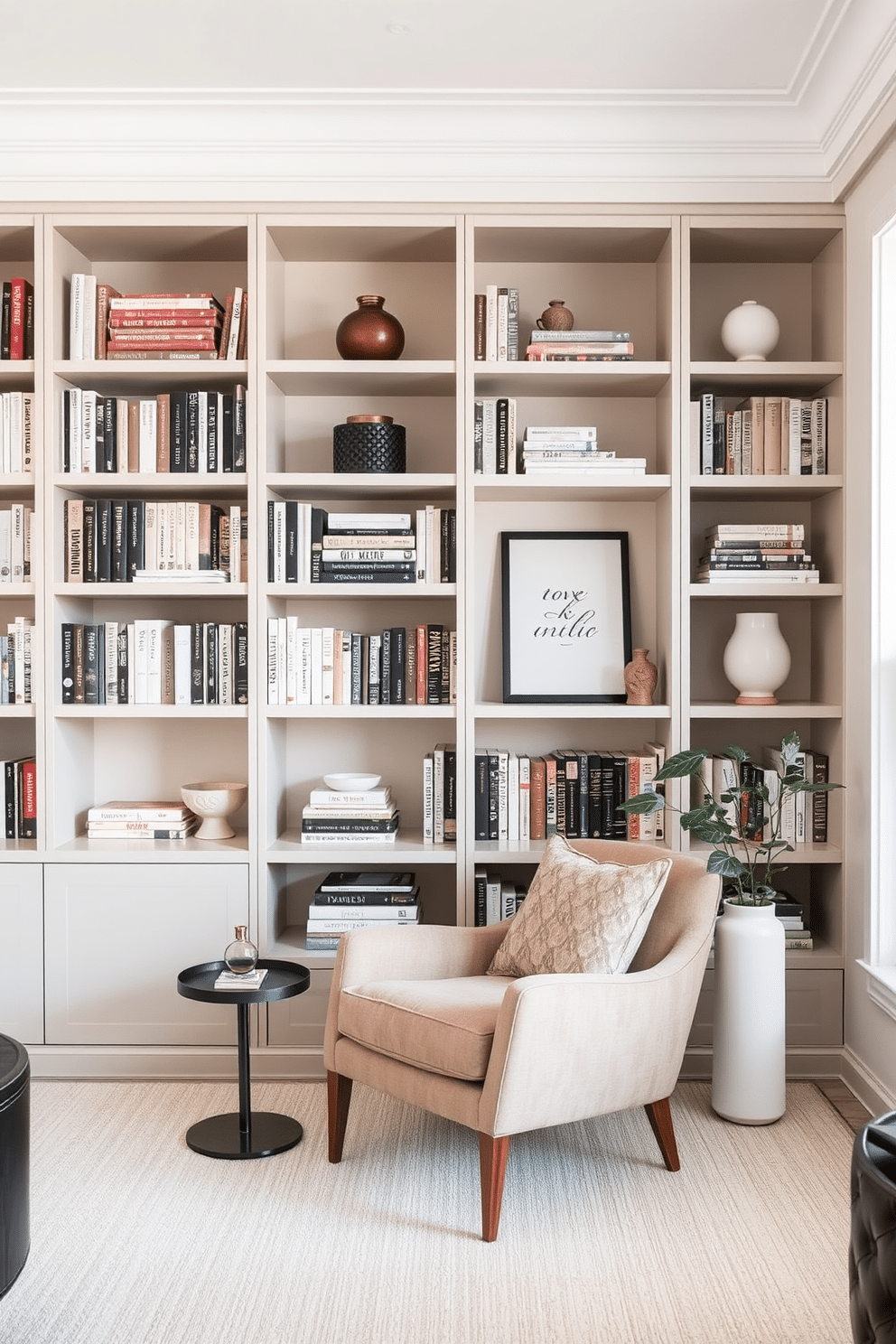 Open shelving with minimalist decor. The shelves are filled with a curated selection of books and a few decorative objects in neutral tones, creating a clean and airy look. Contemporary home library design ideas. The space features a sleek, built-in shelving unit that seamlessly integrates with a cozy reading nook adorned with a plush armchair and a small side table.