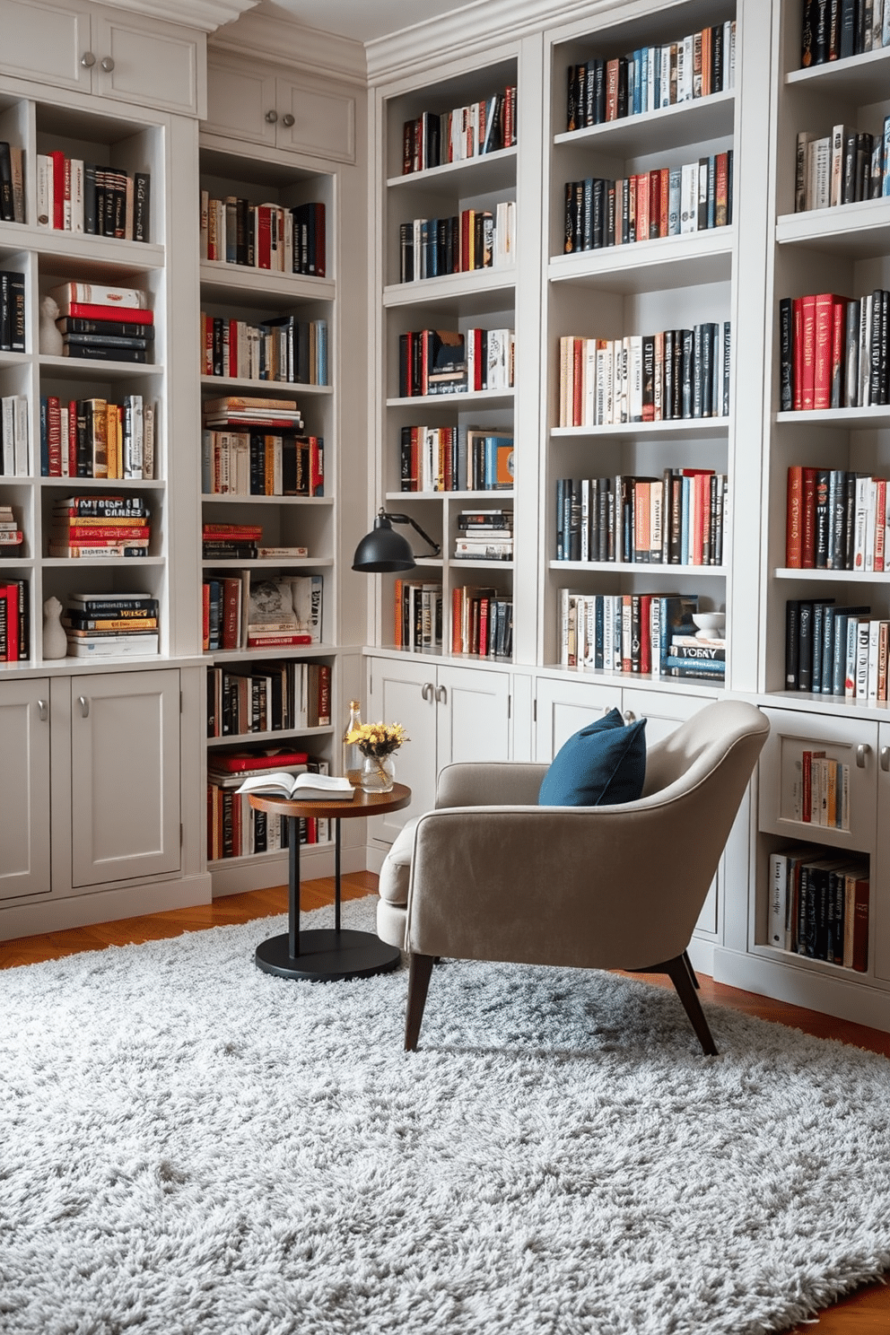 A cozy reading nook defined by a plush area rug in soft gray tones. Surrounding the space are built-in bookshelves filled with a curated selection of books, complemented by a sleek, modern armchair and a small side table for beverages.