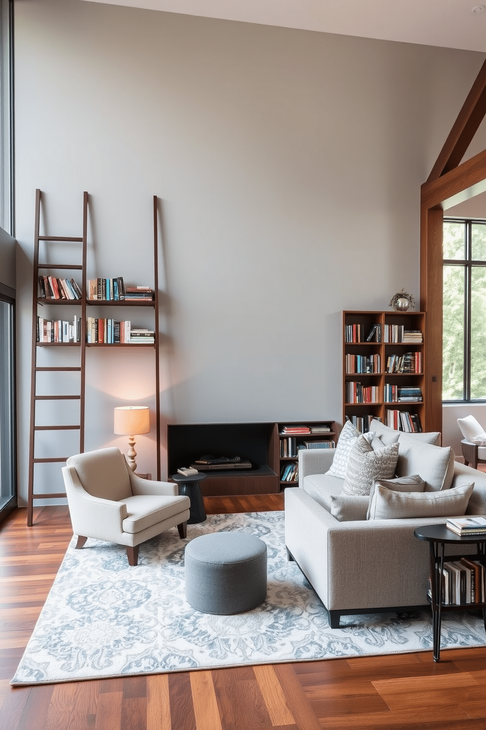 A sleek ladder shelf made of dark wood leans against a light gray wall, showcasing an array of books and decorative items. Below the shelf, a cozy reading nook features a plush armchair upholstered in a soft fabric, complemented by a small side table holding a warm lamp. The contemporary home library boasts floor-to-ceiling windows that flood the space with natural light, highlighting the rich wooden flooring. A large, modern area rug anchors the seating area, where a sectional sofa in a neutral tone invites relaxation amidst the curated collection of books.