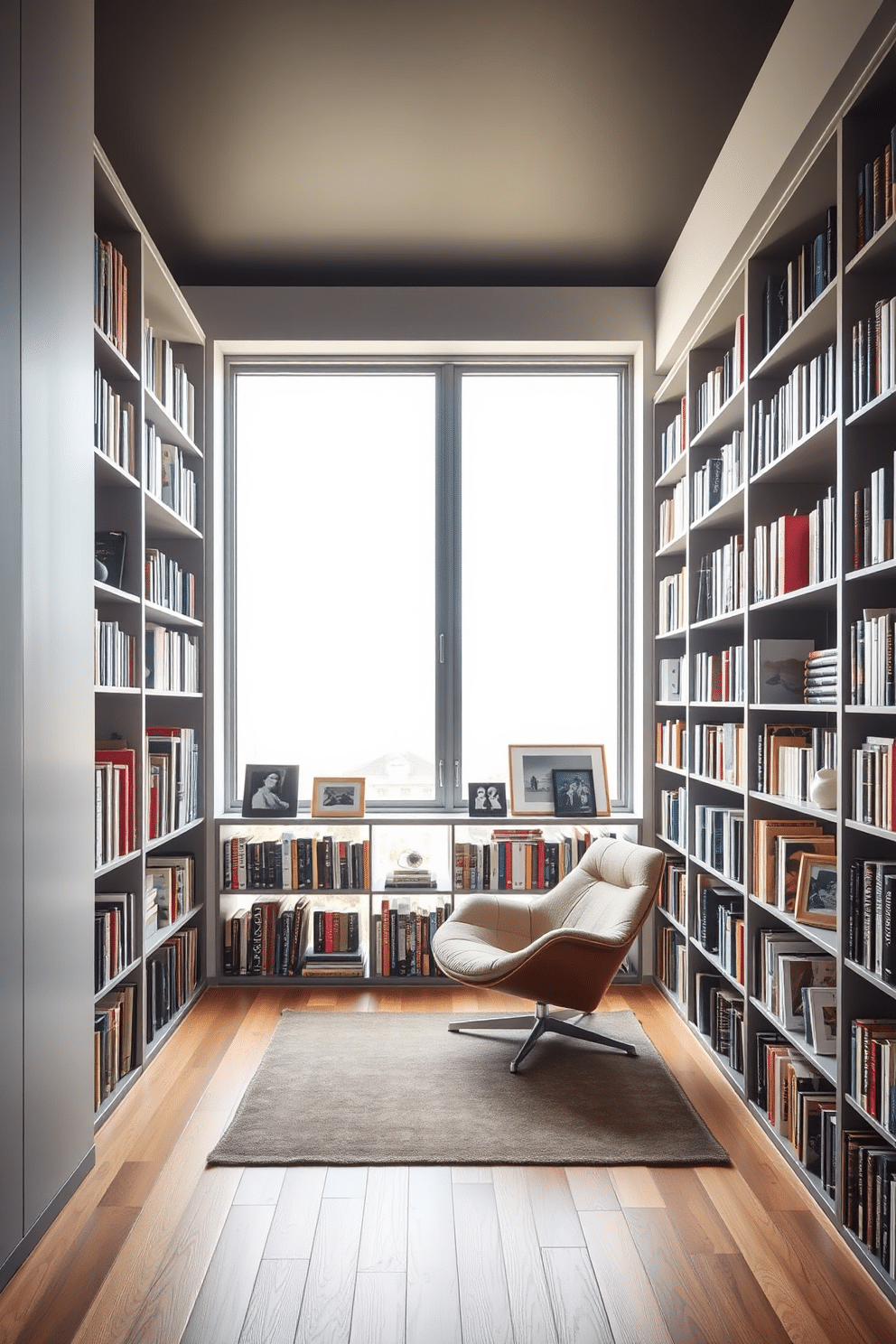 A contemporary home library features a sleek, minimalist bookshelf that stretches from floor to ceiling, filled with an artful display of colorful books and carefully curated art pieces. A plush, modern reading chair is positioned near a large window, allowing natural light to illuminate the space and create a warm, inviting atmosphere.