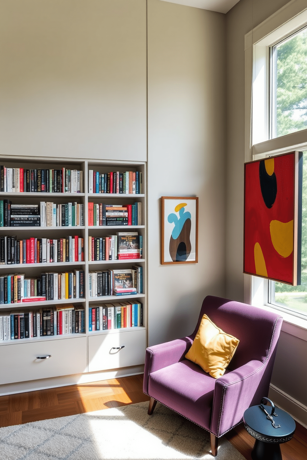 A contemporary home library features sleek, built-in shelves filled with an array of books, accented by vibrant art pieces on the walls. A comfortable reading nook with a plush armchair in a bold color sits near a large window, allowing natural light to flood the space.