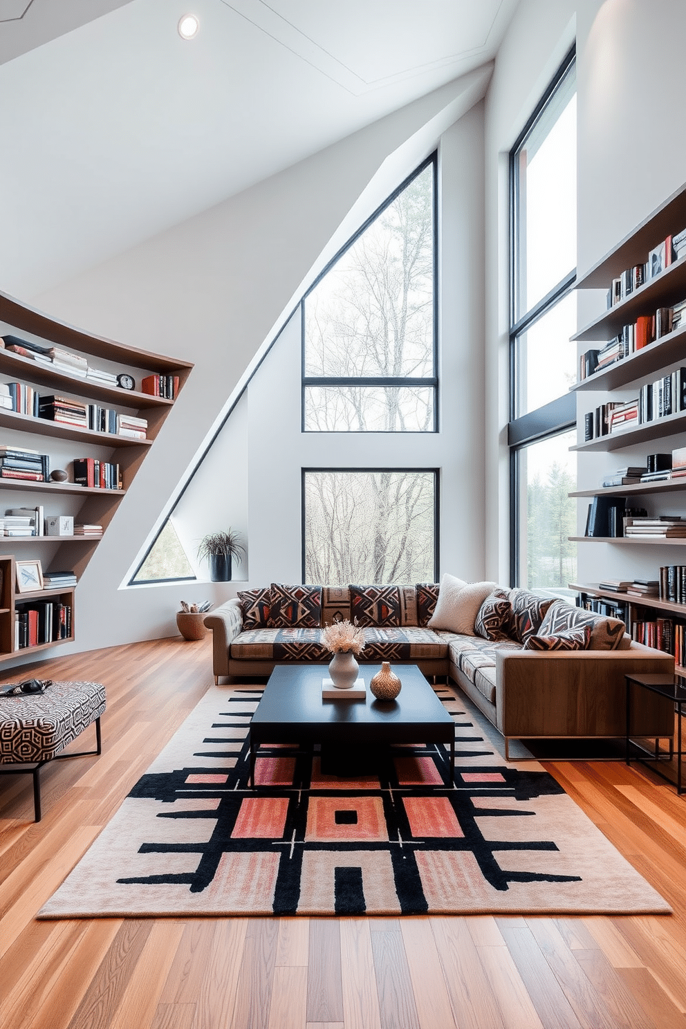 A contemporary home library features a sleek, geometric design with clean lines and an open layout. The walls are adorned with asymmetrical shelves that display an array of books and decorative objects, while a large, angular window allows natural light to flood the space. The seating area includes a modern sectional sofa with bold geometric patterns, complemented by a minimalist coffee table. A striking area rug with a contrasting geometric motif anchors the room, creating a cozy yet sophisticated atmosphere.