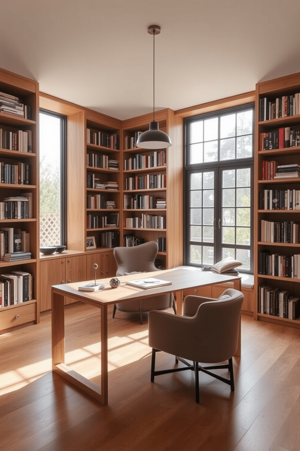 A minimalist desk seamlessly integrated into a contemporary home library, featuring clean lines and a sleek silhouette. The desk is crafted from light wood and positioned against a wall of floor-to-ceiling bookshelves filled with an array of books and decorative items. The library is illuminated by natural light streaming through large windows, highlighting the warm tones of the wood and the soft textures of a cozy reading nook nearby. A plush armchair and a small side table create an inviting space for relaxation, while a modern pendant light adds a stylish touch overhead.