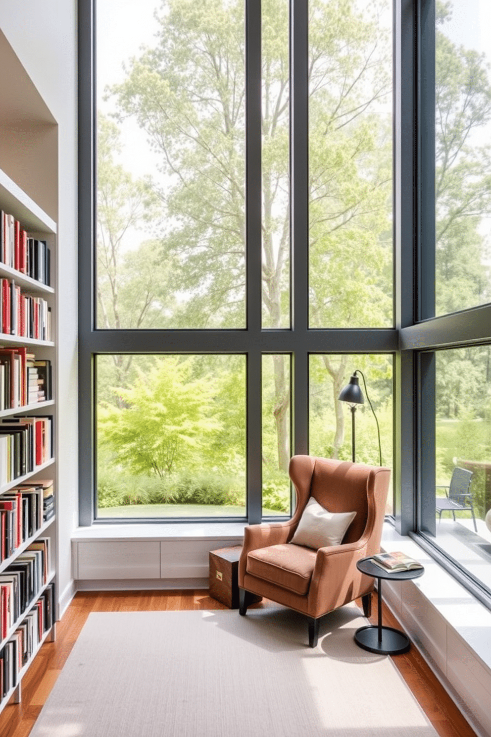 A contemporary home library featuring large windows that flood the space with natural light. The room is adorned with sleek, built-in bookshelves filled with an array of books, while a comfortable reading nook with a plush armchair invites relaxation.