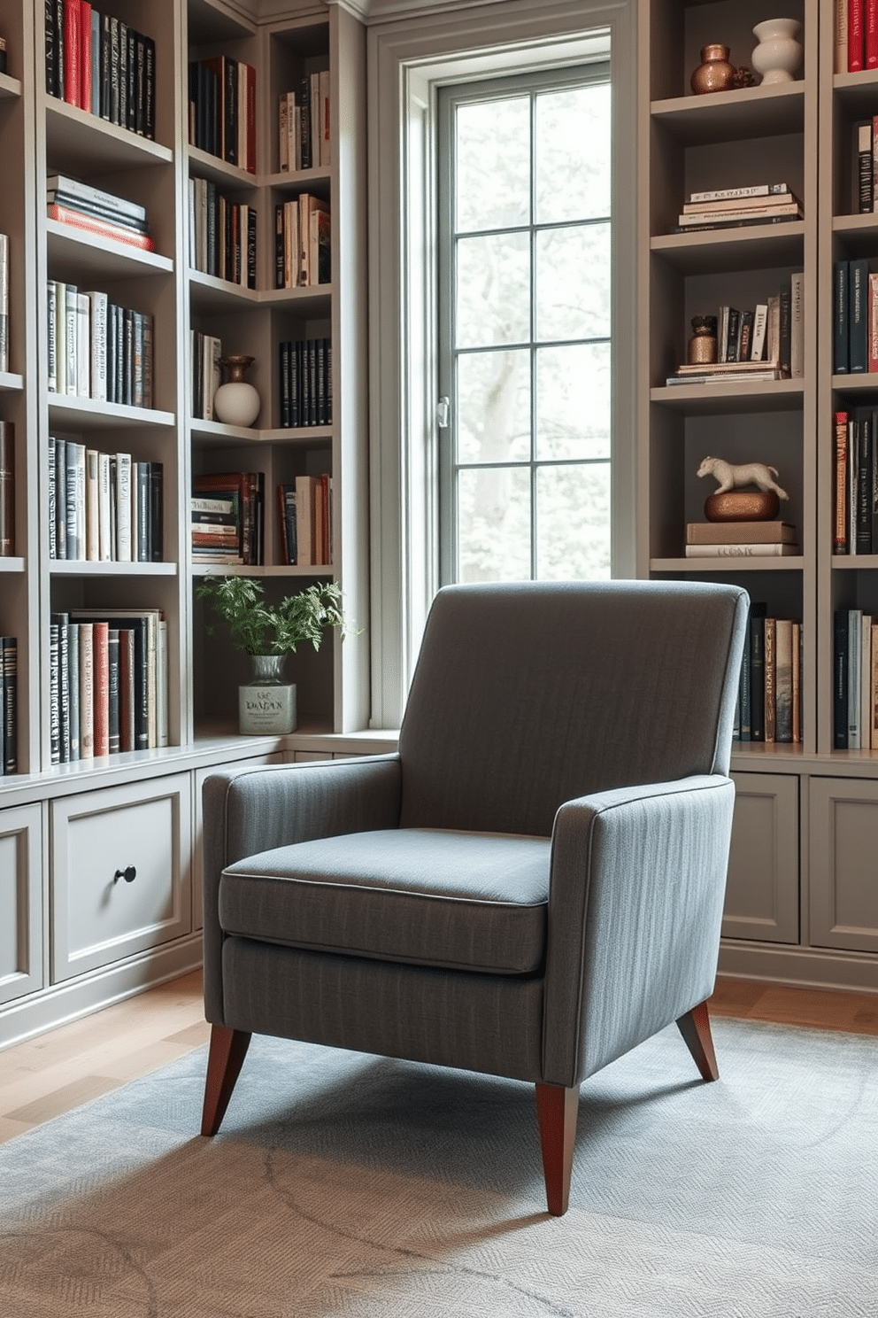 A stylish armchair designed for comfortable seating features a plush, deep seat upholstered in soft gray fabric. The armchair has sleek, tapered wooden legs and elegant armrests, making it a perfect addition to a contemporary home library. The contemporary home library showcases built-in bookshelves that reach the ceiling, filled with an array of books and decorative items. A large window allows natural light to flood the space, while a cozy reading nook with a stylish armchair invites relaxation and contemplation.