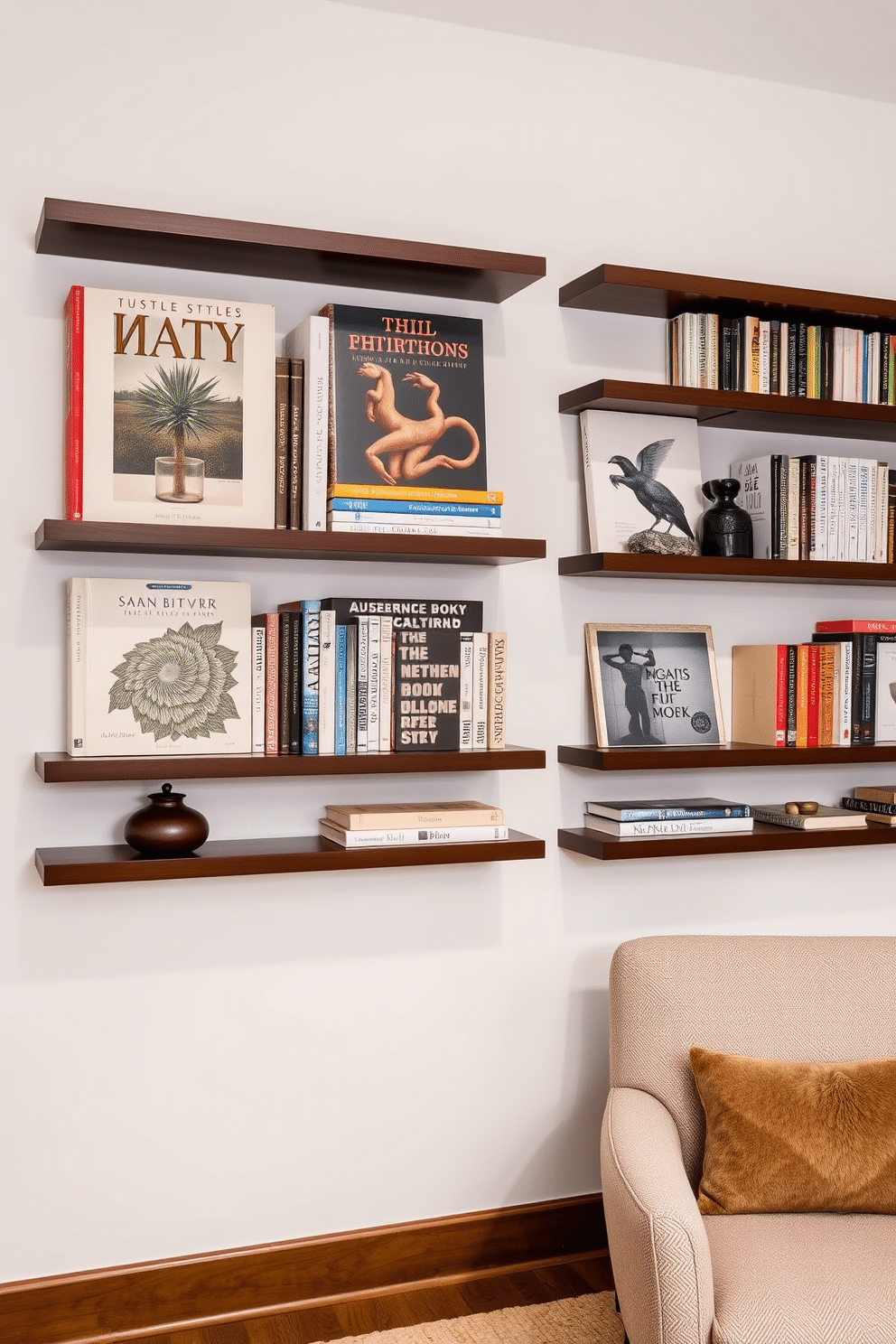 A contemporary home library features wall-mounted book displays showcasing a curated selection of art books and decorative objects. The shelves are made of sleek, dark wood, contrasting beautifully with the light-colored walls, while a comfortable reading nook with a plush armchair is nestled in one corner.