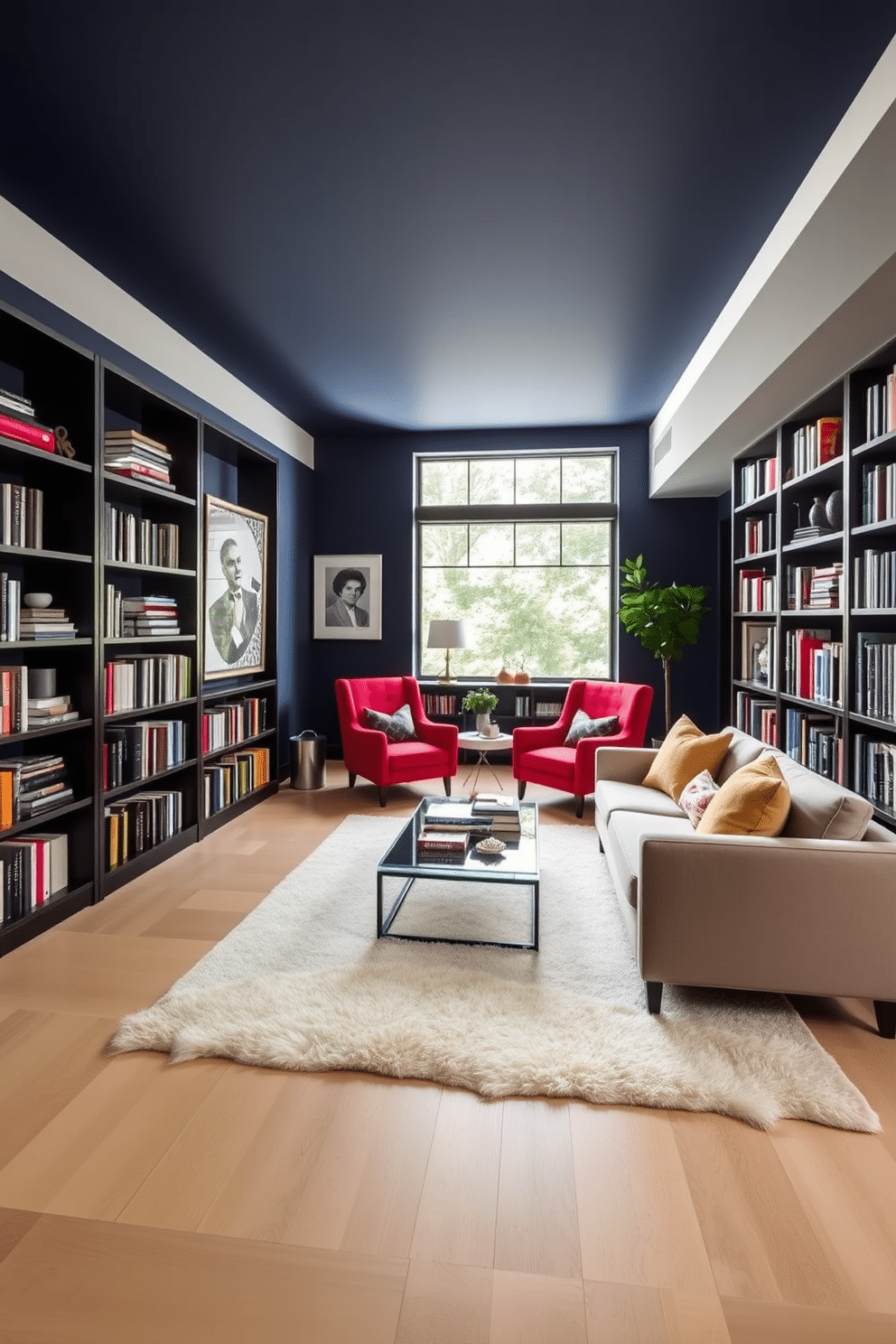 A contemporary home library features a bold accent wall painted in deep navy blue, creating a dramatic backdrop for the space. Sleek, modern bookshelves line the adjacent walls, filled with an array of books and decorative objects that add personality and warmth. A comfortable reading nook is positioned near a large window, adorned with plush armchairs in rich, contrasting fabrics. A stylish coffee table sits in the center, surrounded by a soft area rug that complements the bold color scheme, inviting relaxation and inspiration.