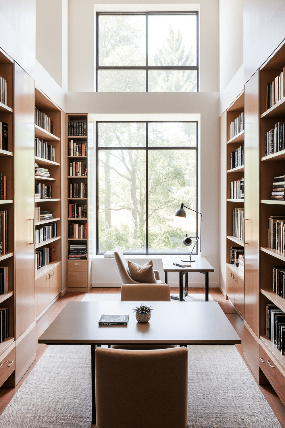 A multi-functional space that seamlessly integrates a desk area, featuring sleek, modern furniture. The room is adorned with built-in bookshelves filled with books, and a cozy reading nook with a plush armchair and a small side table. The contemporary home library design showcases an open layout with large windows allowing natural light to flood the space. A minimalist desk positioned near the window offers a perfect workspace, while warm neutral tones create an inviting atmosphere.