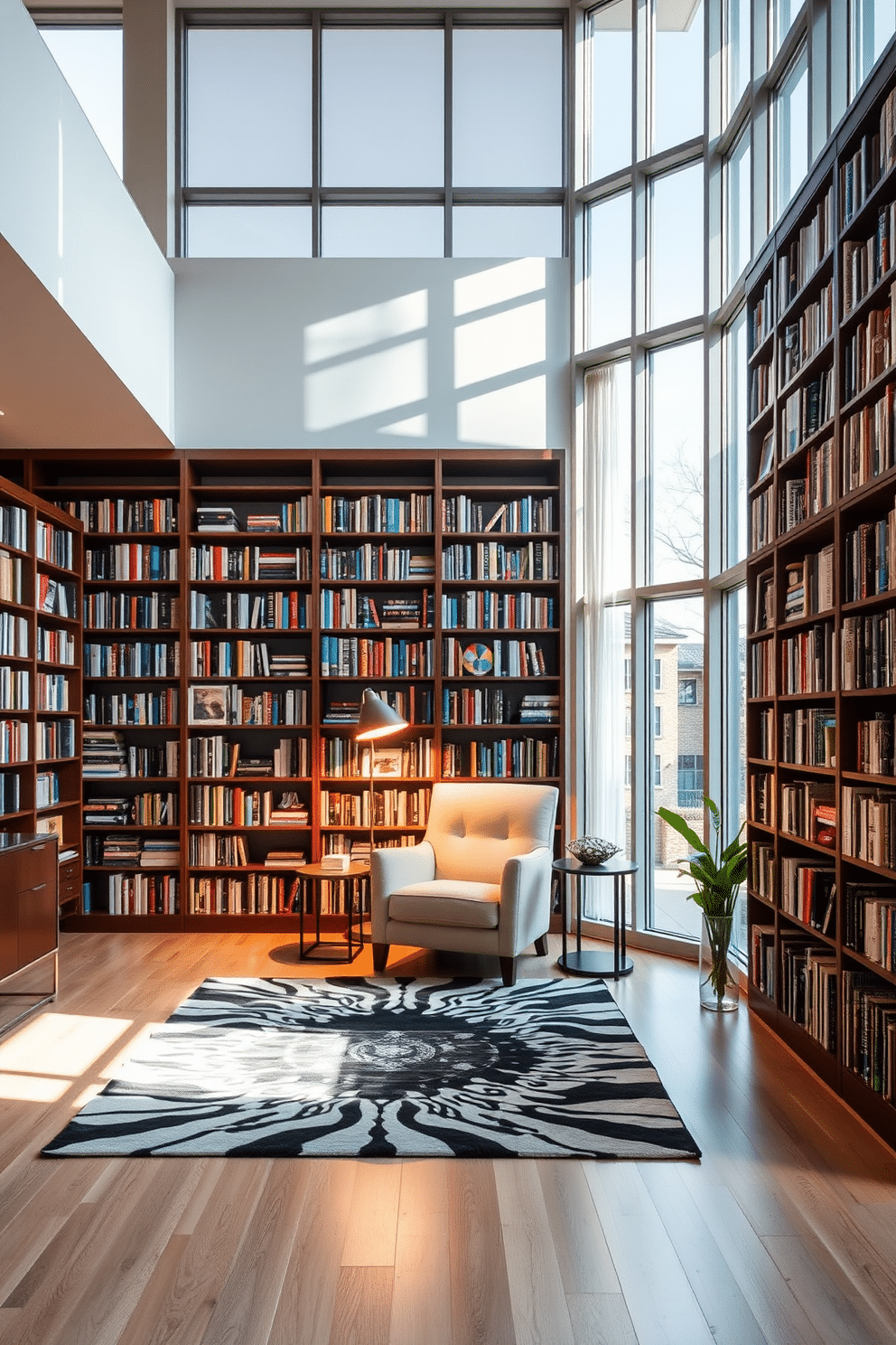 An open floor plan seamlessly integrates a cozy library space, featuring floor-to-ceiling bookshelves filled with a diverse collection of books. A plush reading nook with a comfortable armchair and a small side table is nestled in the corner, illuminated by a stylish floor lamp. The library area is defined by a striking area rug that adds warmth and texture to the space. Large windows allow natural light to flood in, highlighting the modern decor and creating an inviting atmosphere for reading and relaxation.