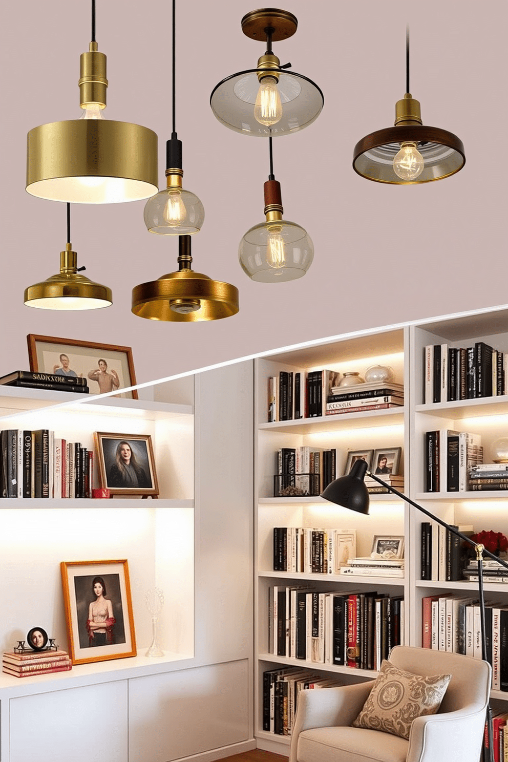 A collection of unique light fixtures designed to create a warm and inviting ambiance. The fixtures vary in shape and size, featuring materials like brass, glass, and wood, casting soft, diffused light throughout the space. A contemporary home library featuring sleek, built-in shelving that showcases a curated selection of books and art. The room is accented with a comfortable reading nook, complete with a plush armchair and a stylish floor lamp, inviting relaxation and focus.