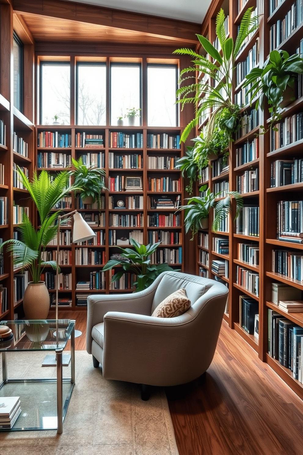 A contemporary home library featuring floor-to-ceiling bookshelves made of rich walnut wood, filled with an array of books in various colors and sizes. A cozy reading nook is created with a plush, oversized armchair upholstered in a soft gray fabric, accompanied by a sleek glass side table and a modern floor lamp. Incorporating plants throughout the space, lush green potted ferns and snake plants are strategically placed on shelves and in corners, adding a fresh, vibrant feel to the library. Large windows allow natural light to flood the room, enhancing the inviting atmosphere and highlighting the beauty of both the books and the greenery.