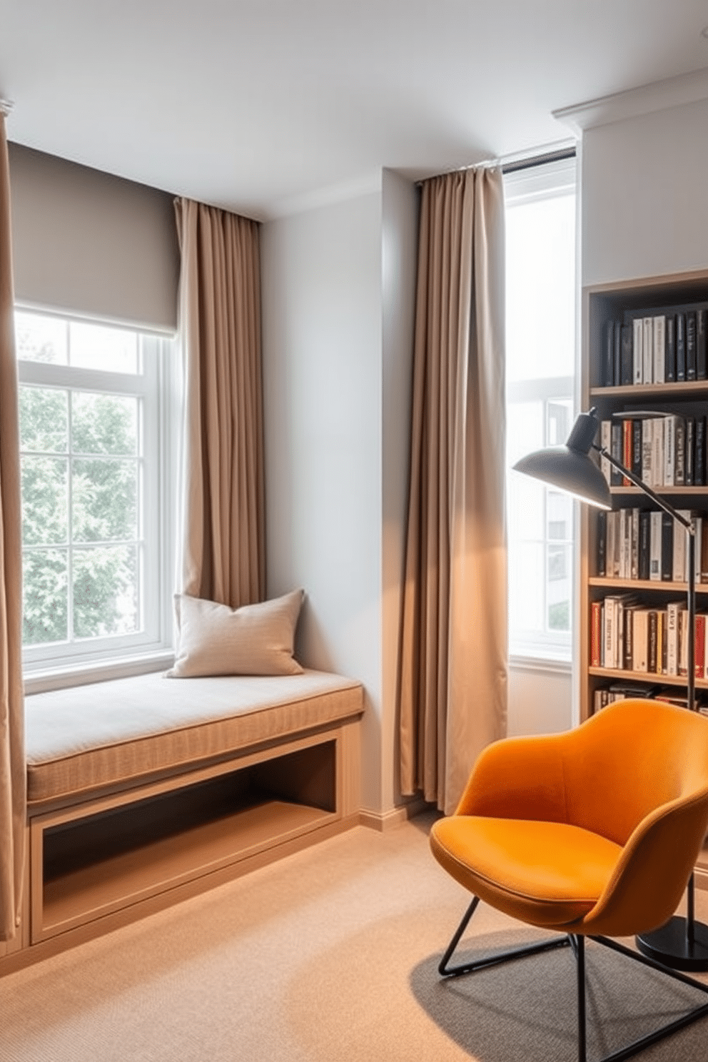 A cozy cushioned window seat with built-in storage beneath, featuring soft, textured fabric in a warm neutral tone. The seat is flanked by elegant curtains that gently filter natural light, creating a serene reading nook. A contemporary home library designed with sleek, modular shelving units that showcase a curated collection of books and decorative items. A stylish reading chair in a bold color complements the minimalist design, while a modern floor lamp provides focused lighting for a comfortable reading experience.