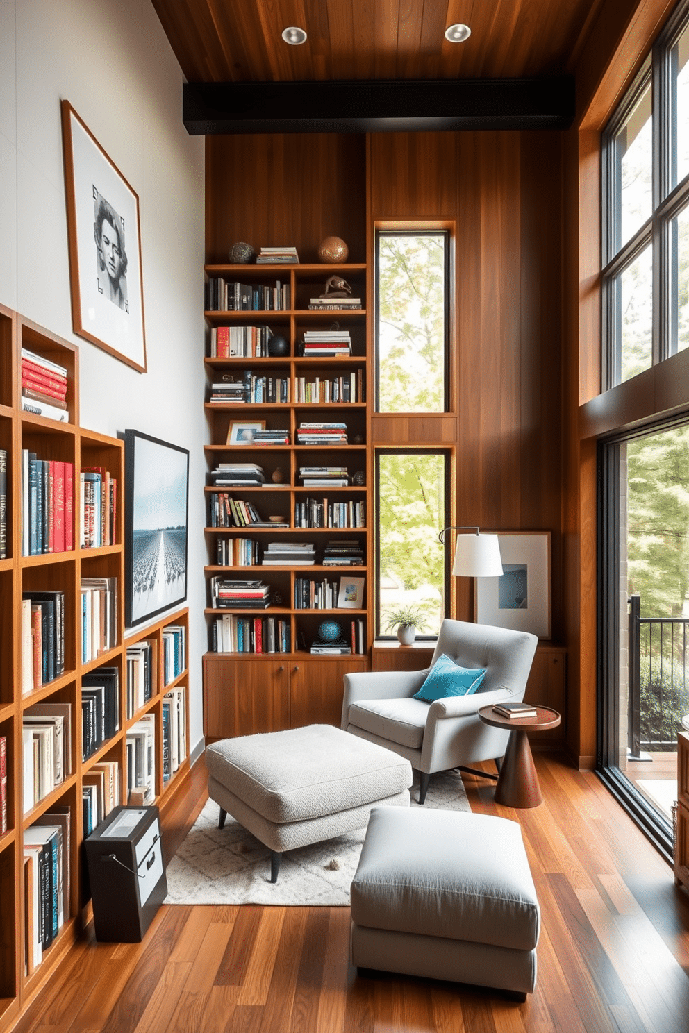 A contemporary home library featuring creative use of wall space for books. The walls are lined with custom-built shelves that showcase a diverse collection of books, interspersed with modern art pieces and decorative objects. A cozy reading nook is nestled in one corner, complete with a plush armchair and a small side table. Large windows allow natural light to flood the room, highlighting the warm wood tones and inviting atmosphere.