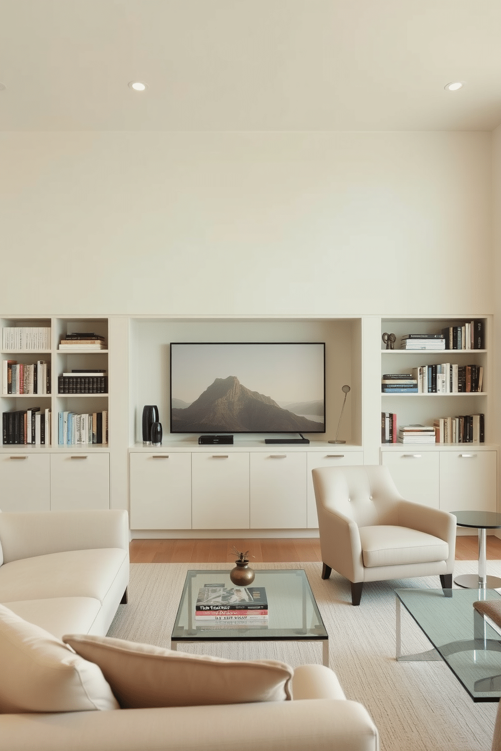 Understated elegance with simple decor. The room features a soft beige color palette with minimalistic furniture, including a sleek, low-profile sofa and a glass coffee table. Contemporary home library design ideas. A wall of built-in bookshelves showcases an array of books, complemented by a cozy reading nook with a plush armchair and a small side table.